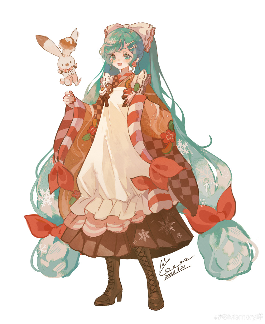 1girl 2023 :d absurdres alternate_costume apron aqua_eyes aqua_hair bow brown_dress checkered_clothes checkered_dress chef_hat chinese_commentary dated dress earrings flower_earrings fork_hair_ornament full_body hair_bow hat hatsune_miku highres jewelry long_hair looking_at_viewer mie_haha open_mouth orange_dress rabbit signature simple_background smile snowflake_print solo spoon_hair_ornament standing tachi-e teeth upper_teeth_only very_long_hair vocaloid white_apron white_background white_bow wide_sleeves yuki_miku