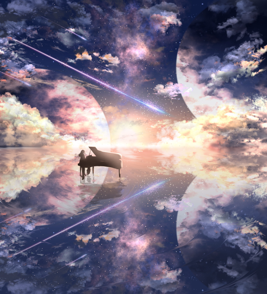 1girl abisswalker8 absurdres cloud cloudy_sky comet fantasy highres instrument music original piano planet playing_instrument reflection reflective_floor reflective_water scenery silhouette sky star_(sky) starry_sky sun sunlight sunset waves