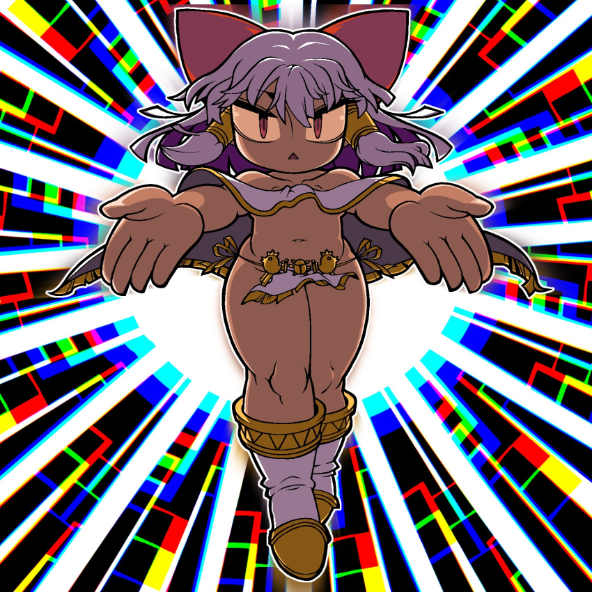 1girl brown_hair chromatic_aberration commentary_request cookie_(touhou) full_body gold hakurei_reimu highres loincloth long_hair looking_at_viewer navel open_mouth reaching reaching_towards_viewer red_eyes reu_(cookie) slit_pupils solo standing tan the_chicken_that_appears_in_the_middle_of_cookie tonchamon_san touhou triangle_mouth white_footwear