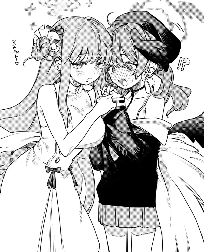 2girls angel_wings beret blue_archive blush collarbone dress flower greyscale hair_bun hair_flower hair_ornament halo hat head_wings highres koharu_(blue_archive) long_hair long_sleeves mika_(blue_archive) monochrome multiple_girls open_mouth pleated_skirt sailor_collar sailor_shirt shirt simple_background single_side_bun skirt sleeveless sleeveless_dress tsuno_(tnngur) twintails white_background wings yuri