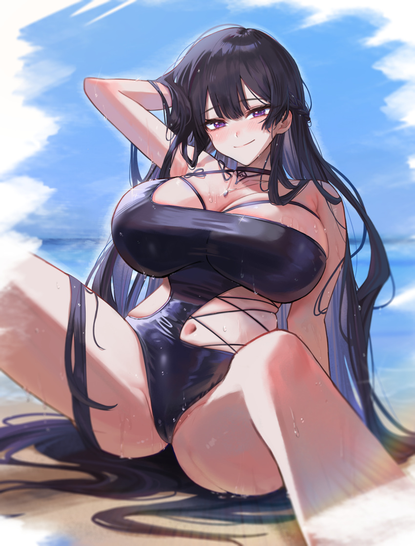 1girl arm_up armpits bare_arms bare_shoulders beach black_choker black_hair black_one-piece_swimsuit blue_sky blush breasts choker closed_mouth commentary commission day hand_in_own_hair highres jewelry large_breasts long_hair looking_at_viewer merumeko navel necklace ocean one-piece_swimsuit original outdoors purple_eyes sitting sky smile swimsuit symbol-only_commentary thighs very_long_hair water wet