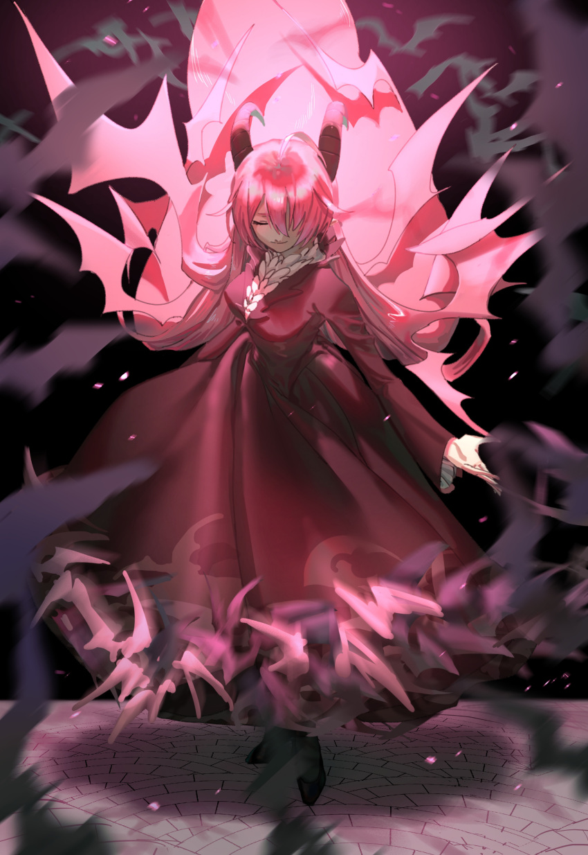 1girl absurdres black_dress closed_eyes demon demon_girl demon_horns dress funamusea highres horns lil_(funamusea) losercat pink_hair solo