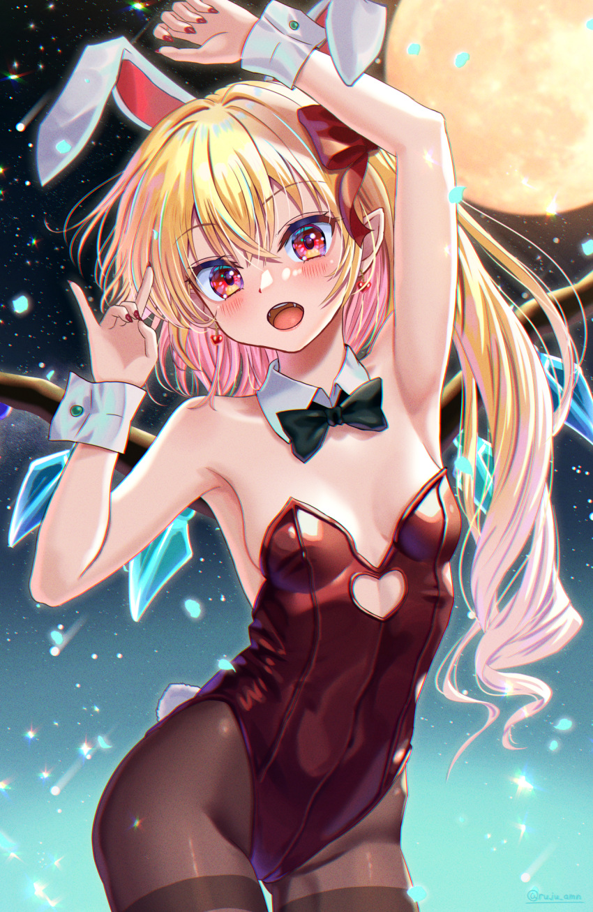 1girl animal_ears arms_up black_bow black_bowtie black_pantyhose blonde_hair bow bowtie breasts clothing_cutout detached_collar flandre_scarlet fox_shadow_puppet full_body heart_cutout highres leotard looking_at_viewer night night_sky pantyhose playboy_bunny rabbit_ears rabbit_tail red_eyes red_leotard rouge_(my_rouge) side_ponytail sky small_breasts solo tail thighband_pantyhose touhou wings wrist_cuffs