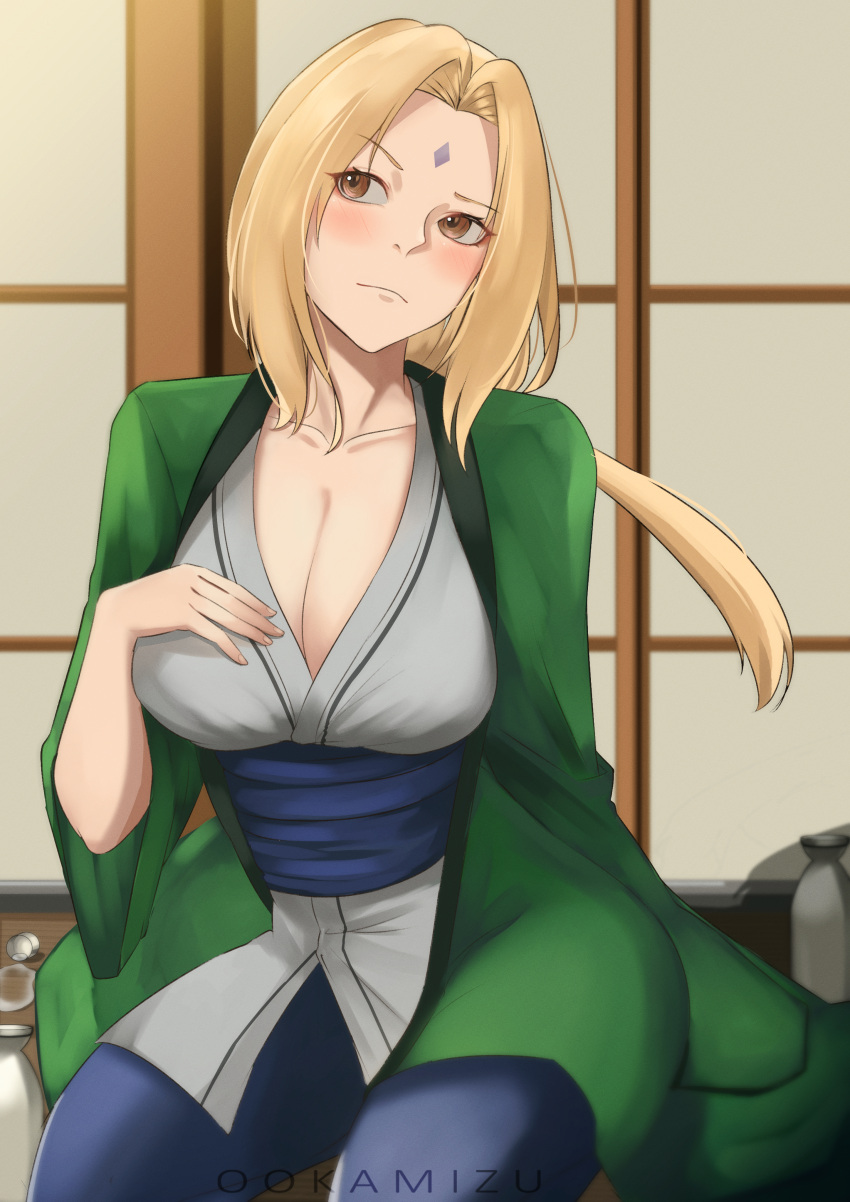 1girl absurdres artist_name blonde_hair blush breasts brown_eyes cleavage collarbone facial_mark forehead_mark frown green_jacket grey_kimono highres jacket japanese_clothes kimono large_breasts long_hair looking_at_viewer mature_female naruto naruto_(series) ookamizu sitting solo tsunade_(naruto)