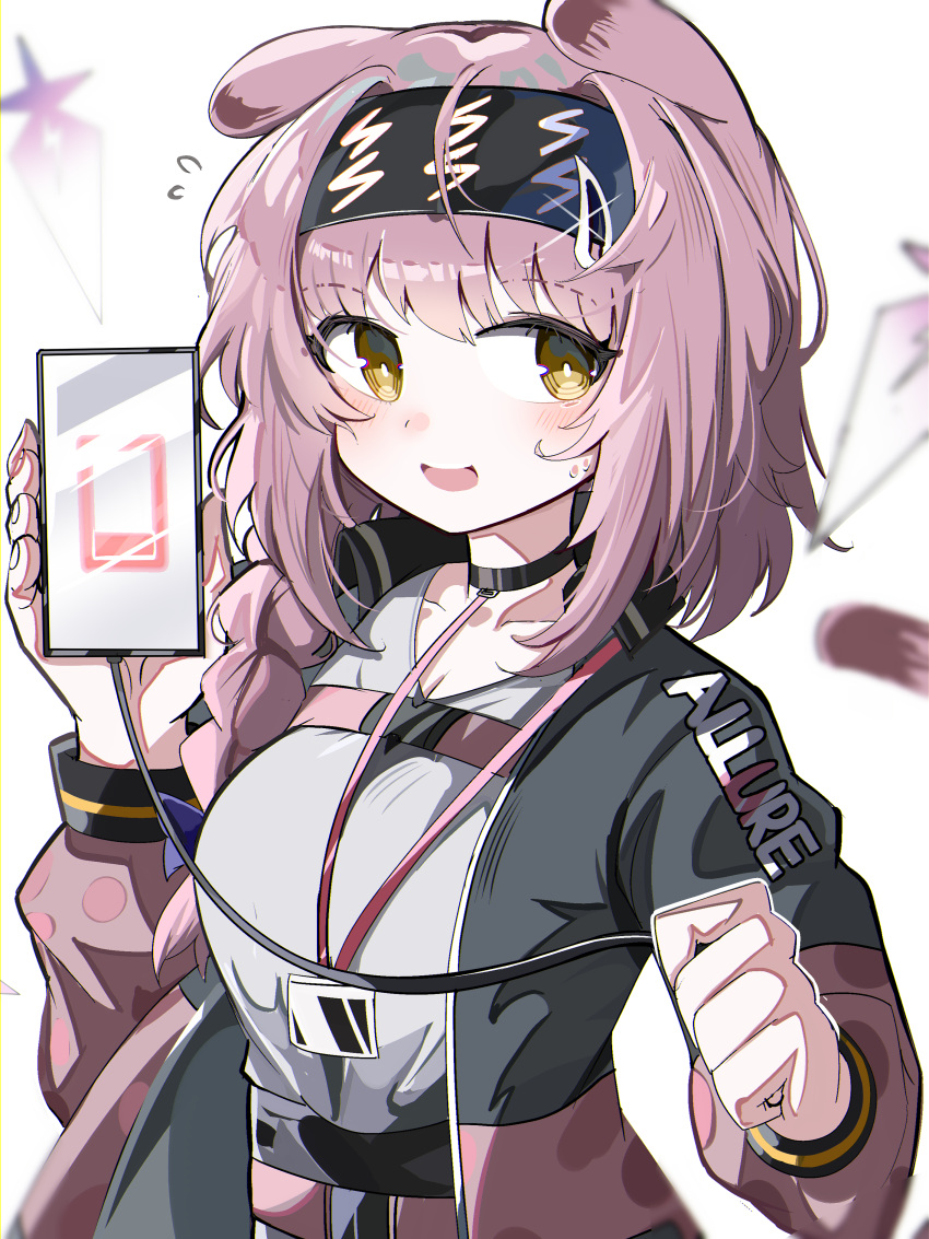 1girl :d absurdres animal_ears arknights black_choker black_hairband black_skirt braid breasts brown_eyes cat_ears cat_girl cat_tail cellphone choker cleavage collarbone flying_sweatdrops goldenglow_(arknights) grey_shirt hair_over_shoulder hairband highres holding holding_phone jacket lightning_bolt_print long_hair long_sleeves medium_breasts open_clothes open_jacket phone pink_hair pink_jacket print_hairband puffy_long_sleeves puffy_sleeves shirt simple_background single_braid skirt smile solo spam_(spamham4506) tail white_background