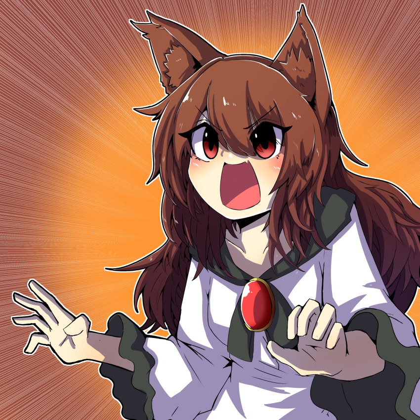 1girl :d animal_ear_fluff animal_ears bangs brown_background brown_hair dress hair_between_eyes highres hurin_raika imaizumi_kagerou long_hair long_sleeves looking_at_viewer one-hour_drawing_challenge open_mouth red_eyes smile solo touhou white_dress wolf_ears wolf_girl