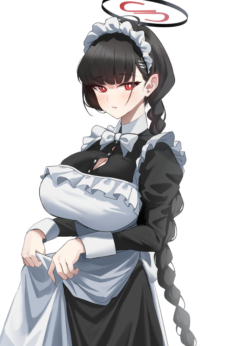 1girl absurdres alternate_costume alternate_hairstyle apron apron_hold badge black_dress black_hair blue_archive blush braid braided_ponytail breasts button_badge cleavage dress emil_(386) enmaided halo highres large_breasts long_hair looking_at_viewer maid maid_apron red_eyes rio_(blue_archive) simple_background solo very_long_hair white_apron white_background