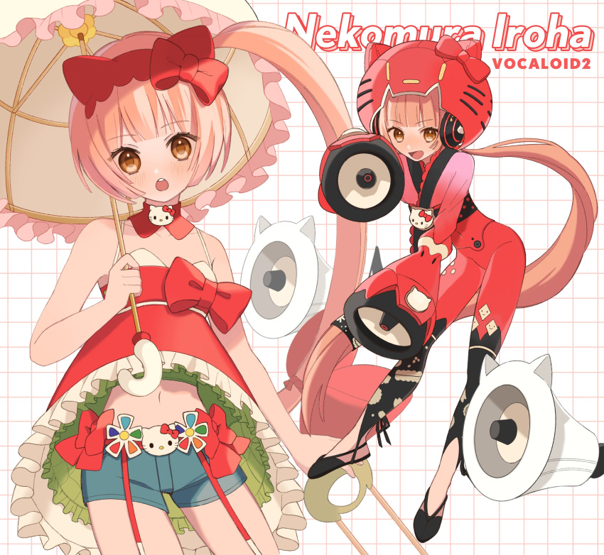 1girl absurdres animal_hairband black_footwear black_headphones bodysuit bow brown_eyes character_name collar collarbone copyright_name denim denim_shorts frilled_shirt frills hair_bow hairband headphones hello_kitty hello_kitty_(character) helmet highres holding holding_umbrella japanese_clothes kimono long_hair looking_at_viewer mechanical_arms megaphone navel nekomura_iroha off-shoulder_shirt off_shoulder open_mouth pink_hair ponytail red_bow red_collar red_hairband red_kimono red_ribbon red_shirt ribbon sanrio shirt shorts sleeveless sleeveless_shirt smile solo teeth tile_background umbrella upper_teeth_only uri_(heart0nwave) variations very_long_hair vocaloid white_background