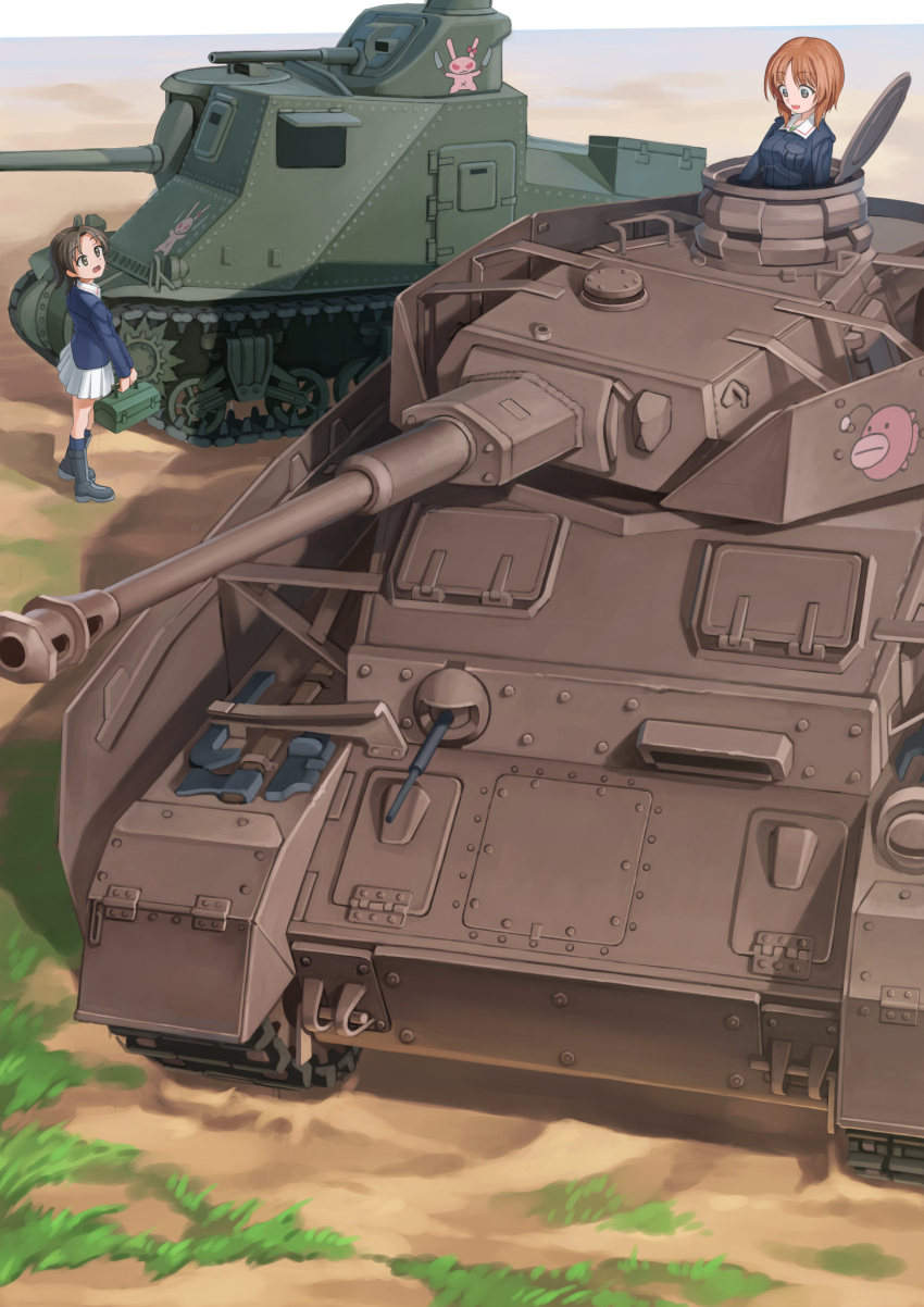 2girls absurdres anglerfish black_footwear blue_jacket boots box brown_eyes brown_hair commentary day emblem fish girls_und_panzer grass helmet_(trailblazer003) highres holding holding_box jacket long_sleeves looking_at_another m3_lee military_uniform military_vehicle miniskirt motor_vehicle multiple_girls nishizumi_miho ooarai_military_uniform outdoors panzer_iv parted_bangs pleated_skirt rabbit sawa_azusa short_hair skirt standing tank toolbox uniform vehicle_focus white_skirt