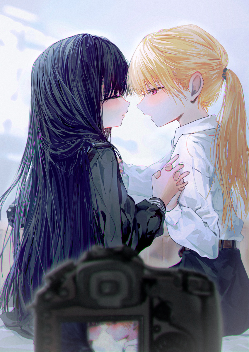 2girls absurdres akebi-chan_no_serafuku akebi_komichi black_hair black_pants black_sailor_collar black_serafuku black_shirt blonde_hair blurry blurry_foreground camera closed_eyes collared_shirt commentary_request highres holding_hands imminent_kiss interlocked_fingers kizaki_erika long_hair long_sleeves looking_at_another multiple_girls pants parted_lips pink_eyes ponytail sailor_collar school_uniform serafuku shirt shirt_tucked_in white_shirt ydpfa yuri