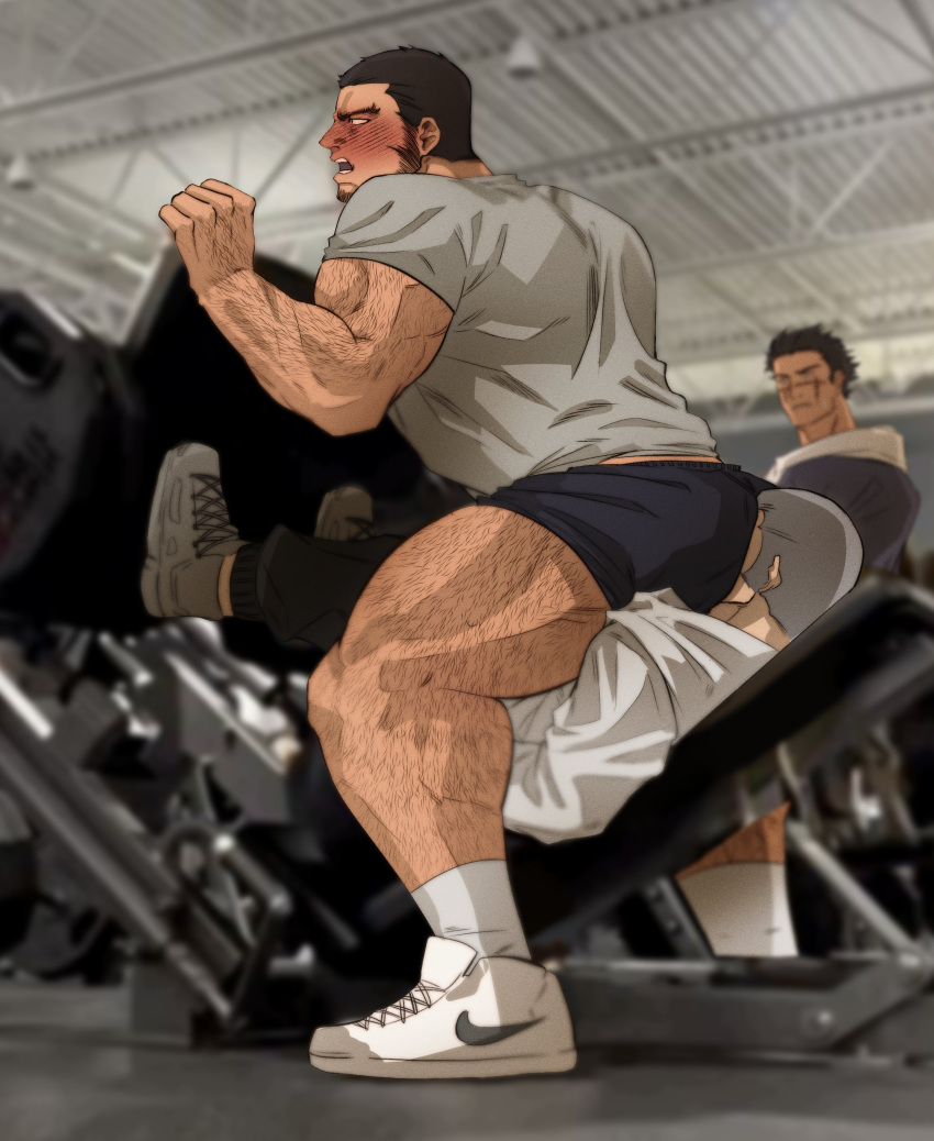 3boys absurdres ass ass-to-mouth bara beard biceps black_hair blurry blurry_background blush facial_hair golden_kamuy gym gym_shorts hairy highres leg_press_machine loboke male_focus manly mature_male meme multiple_boys open_mouth real_world_location scar shiraishi_yoshitake shirt shoes short_hair shorts sneakers socks squatting sugimoto_saichi tanigaki_genjirou teeth thick_arms thick_eyebrows thick_thighs thighs tight_clothes