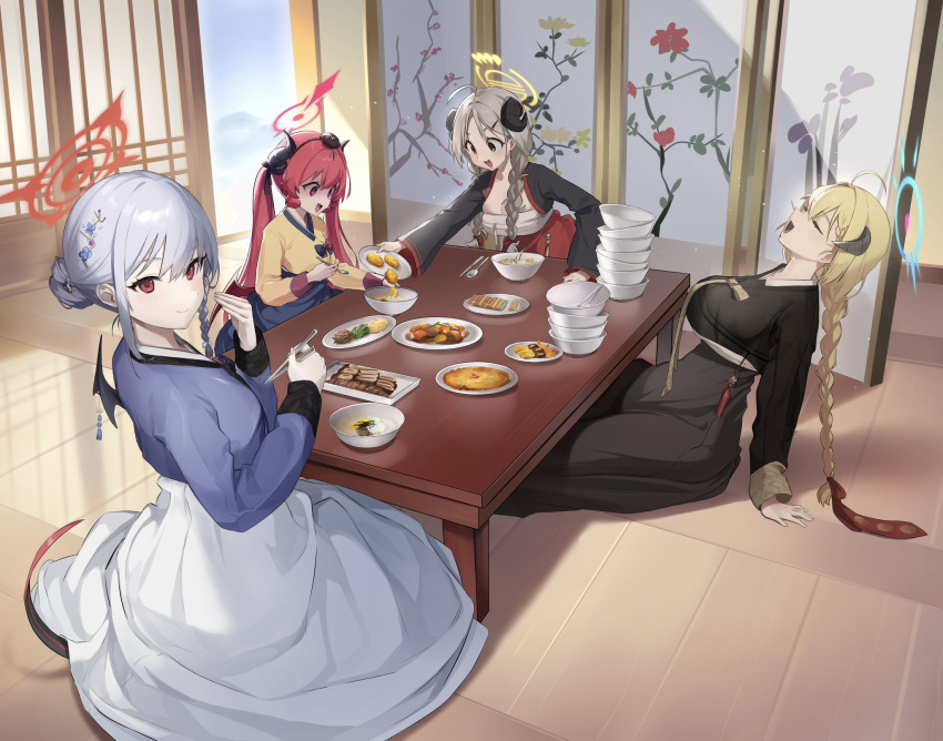 4girls akari_(blue_archive) alternate_costume black_hanbok black_horns blonde_hair blue_archive blue_hanbok blush breasts brown_eyes chima_(clothes) chopsticks cleavage closed_mouth demon_horns food gourmet_research_society_(blue_archive) grey_hair halo hanbok haruna_(blue_archive) highres holding holding_chopsticks horns indoors izumi_(blue_archive) jeogori_(clothes) junko_(blue_archive) junko_(new_year)_(blue_archive) kekek korean_clothes large_breasts light_brown_hair long_hair long_sleeves meat multiple_girls official_alternate_costume open_mouth red_eyes red_hair sitting smile spoon table twintails