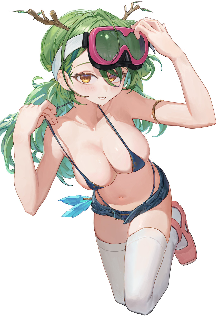 1girl absurdres alternate_costume antlers bare_shoulders bikini bikini_top_only breasts ceres_fauna cleavage collarbone denim denim_shorts green_hair highres hololive hololive_english horns large_breasts leaf long_hair looking_at_viewer short_shorts shorts simple_background smile solo starshell swimsuit thighhighs virtual_youtuber white_background white_thighhighs yellow_eyes