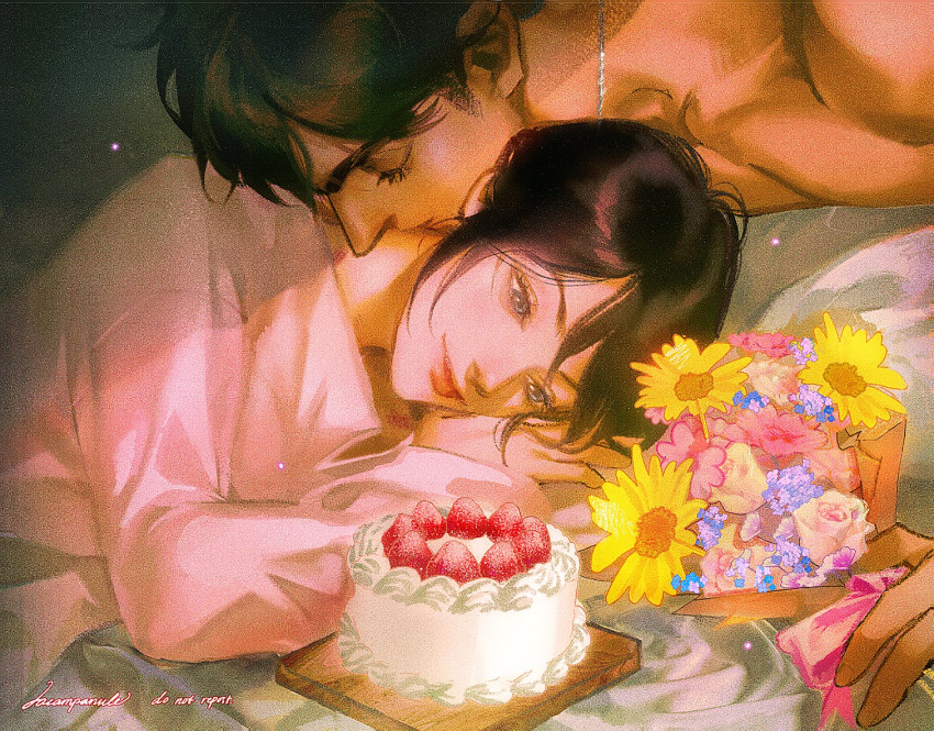 1boy 1girl artist_name birthday_cake black_hair blue_flower bouquet brown_hair cake closed_eyes couple eren_yeager flower food hair_between_eyes hetero holding holding_bouquet kiss kissing_neck lacampanule long_sleeves mikasa_ackerman pink_flower pink_shirt scar scar_on_cheek scar_on_face shingeki_no_kyojin shirt smile strawberry_shortcake sunflower topless_male upper_body yellow_flower