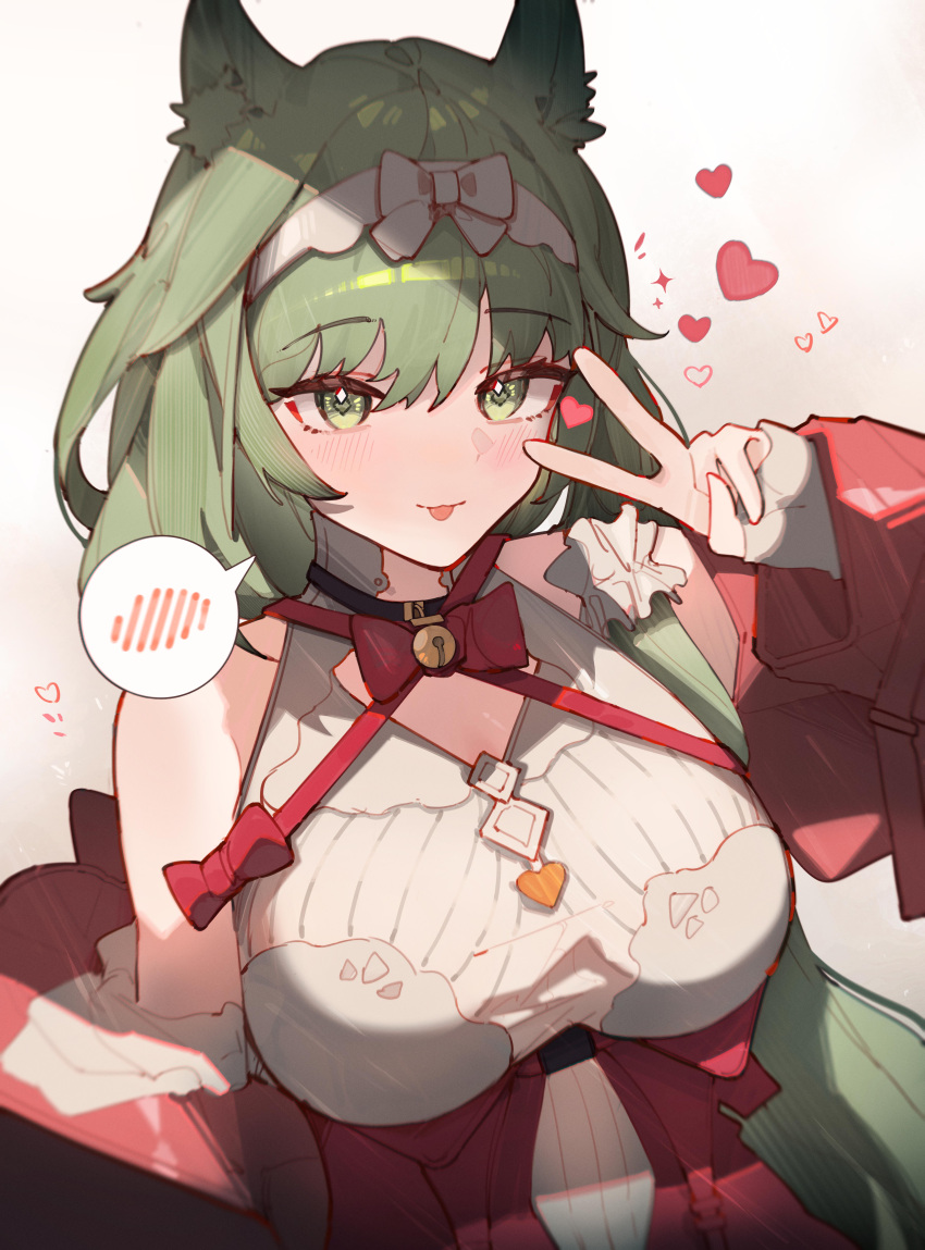 1girl :p absurdres animal_ear_fluff animal_ears arknights blush breasts cat_ears cat_girl chinese_commentary commentary_request corset green_eyes green_hair grey_background harmonie_(arknights) harmonie_(decoration)_(arknights) heart highres huajiaohaibao jacket large_breasts long_hair off_shoulder official_alternate_costume red_corset red_jacket shirt simple_background solo spoken_blush tongue tongue_out upper_body v white_shirt