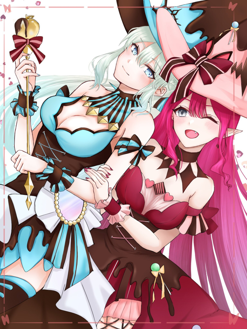 2girls baobhan_sith_(fate) baobhan_sith_(valentine_witches)_(fate) bare_shoulders blue_bow blue_dress blue_eyes blue_nails blush bow breasts cleavage closed_mouth dress earrings fang fate/grand_order fate_(series) grey_eyes hat heart highres holding_another's_arm jewelry kawairuka_ko long_hair looking_at_another looking_at_viewer morgan_le_fay_(fate) morgan_le_fay_(valentine_witches)_(fate) mother_and_daughter multiple_girls nail one_eye_closed open_mouth pink_hair pointy_ears red_bow red_dress red_nails sidelocks smile valentine wand white_background white_hair witch_hat wrist_cuffs