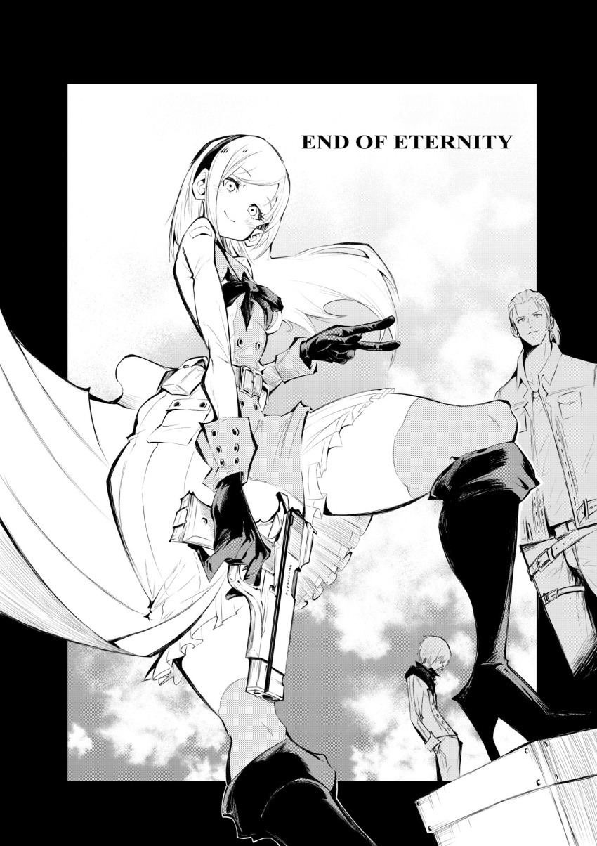 1girl 2boys blush boots breasts character_request copyright_name dress end_of_eternity greyscale gun hairband hand_in_pocket handgun high_heel_boots high_heels highres holding holding_gun holding_weapon jacket knee_boots long_hair looking_at_viewer monochrome multiple_boys nomomono_eraser open_clothes open_jacket pouch shirt small_breasts smile thick_thighs thighhighs thighs v weapon