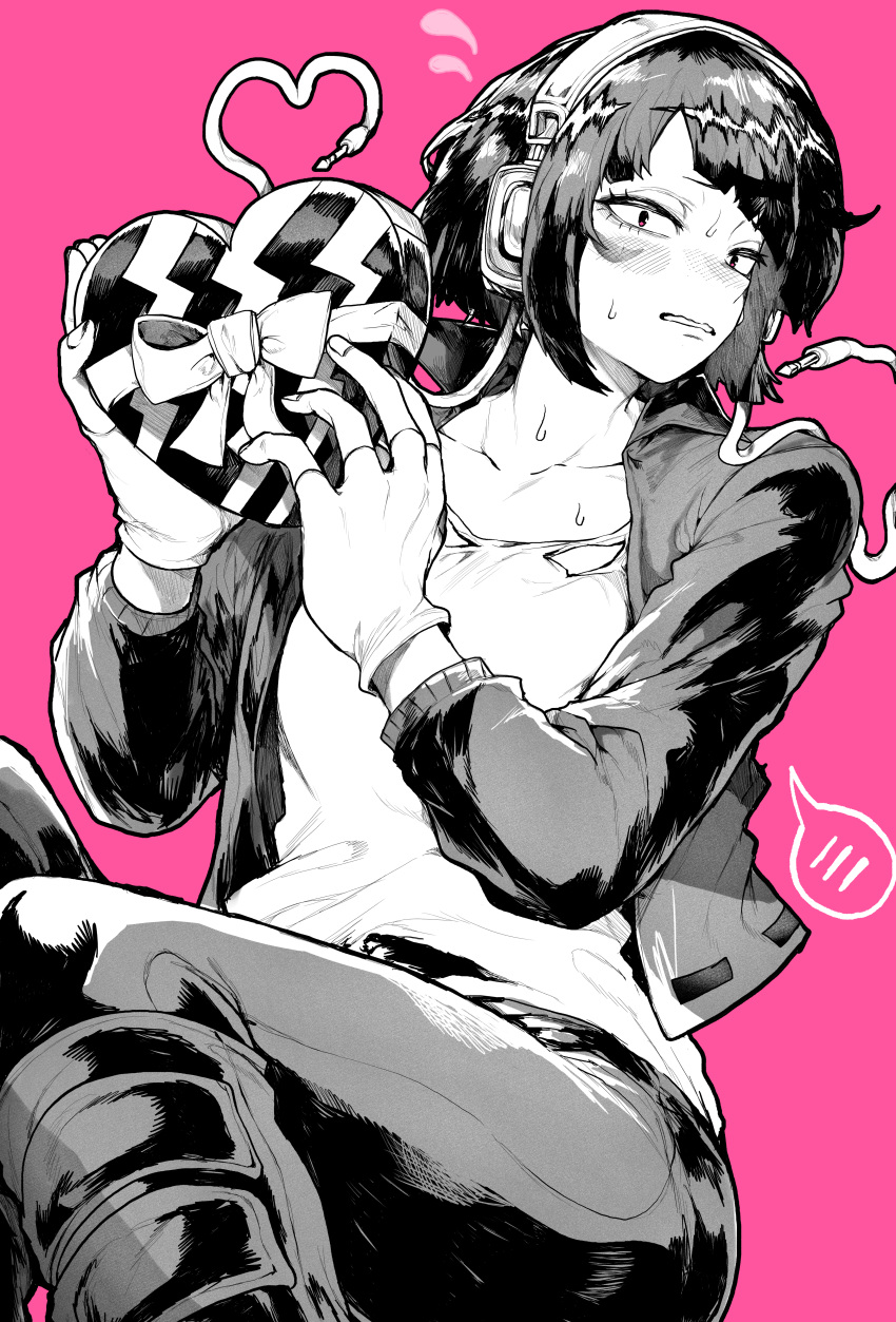 1girl absurdres audio_jack blush boku_no_hero_academia box gift gift_box greyscale greyscale_with_colored_background headphones heart-shaped_box highres jacket jirou_kyouka long_earlobes looking_at_viewer monochrome open_clothes open_jacket pants pink_background shirt short_hair simple_background solo valentine yotsumi_shiro