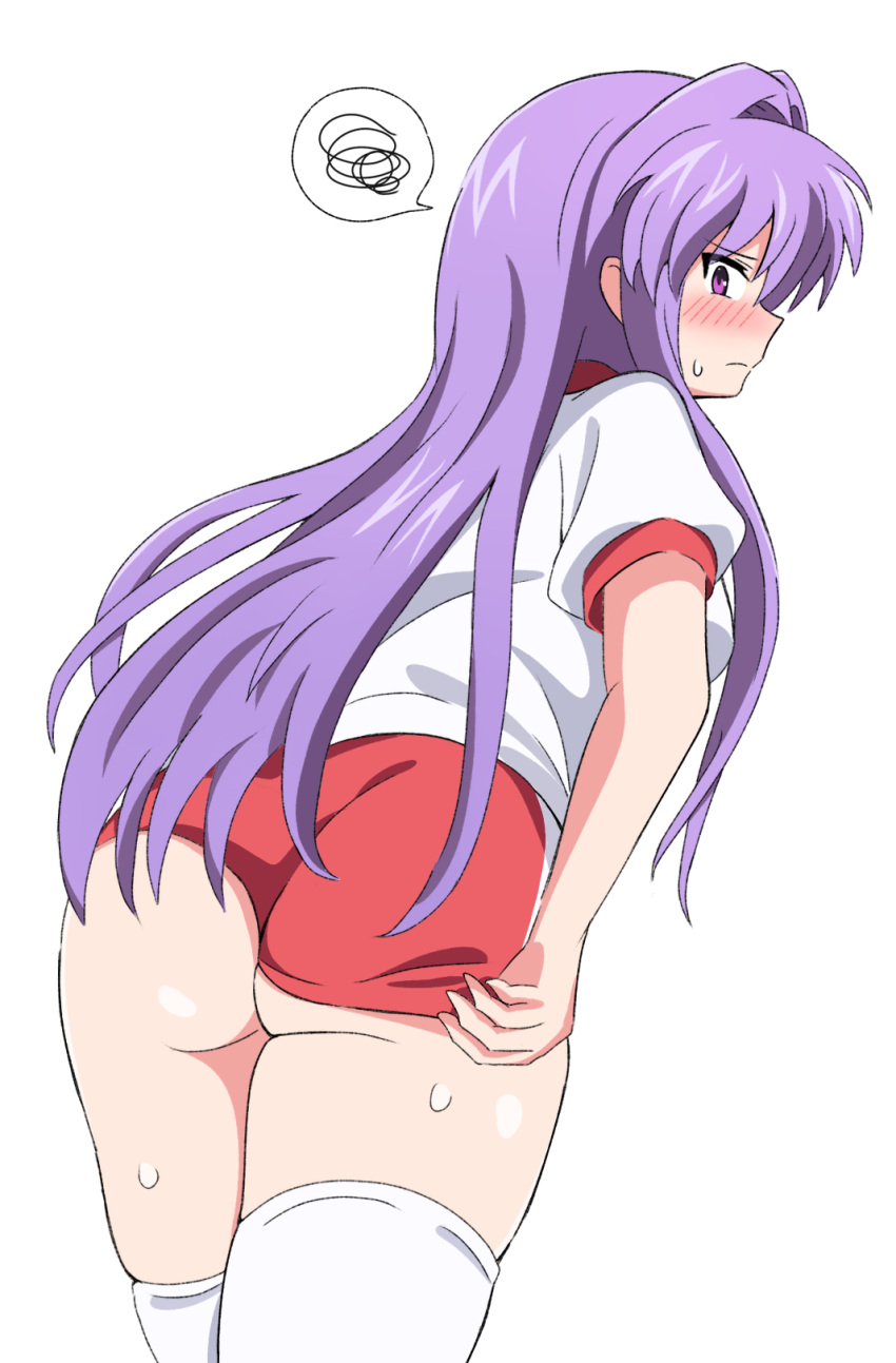 1girl adjusting_buruma adjusting_clothes arm_at_side ass blush buruma clannad closed_mouth commentary cowboy_shot embarrassed from_behind frown fujibayashi_kyou gym_uniform hair_intakes highres long_hair looking_at_viewer looking_back nose_blush official_alternate_costume profile puffy_short_sleeves puffy_sleeves purple_eyes purple_hair red_buruma shirt short_sleeves silky_(silky_illust) solo speech_bubble spoken_squiggle squiggle straight_hair sweat sweatdrop thighhighs thighs very_long_hair white_shirt white_thighhighs