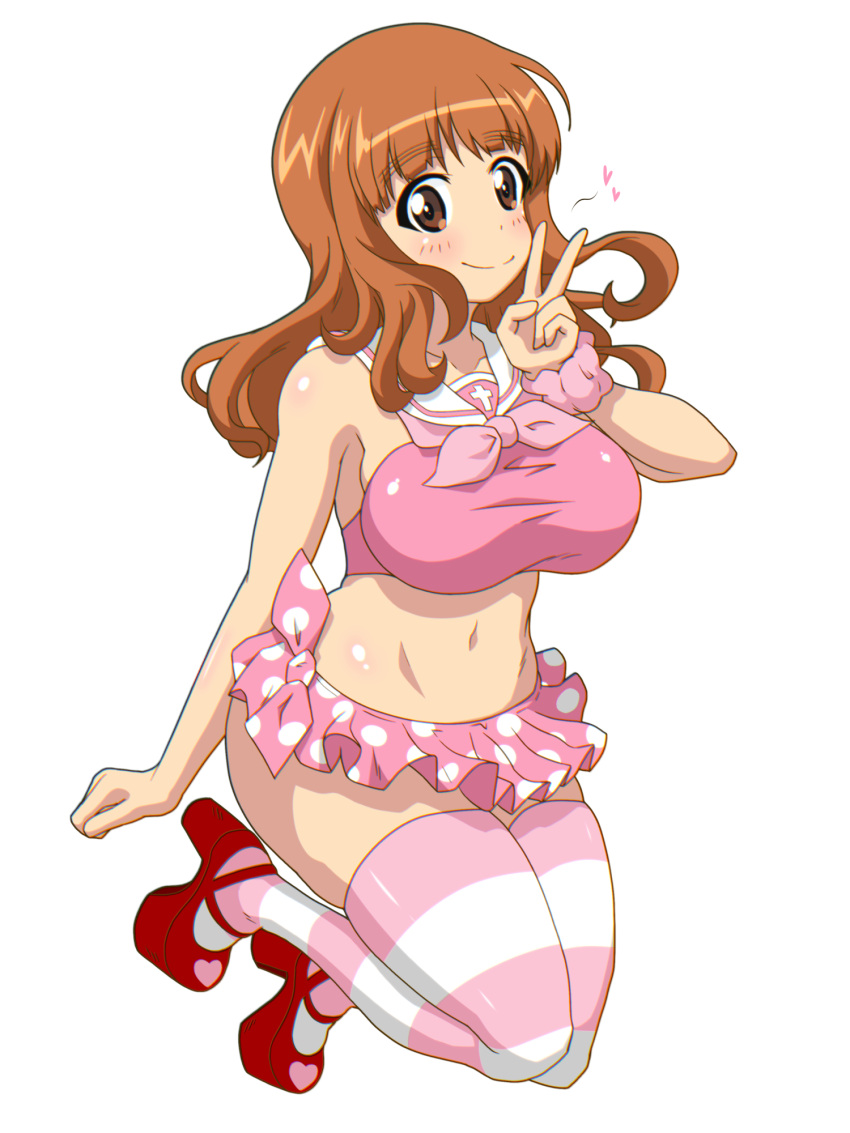 1girl bikini bikini_skirt blunt_bangs breasts closed_mouth commentary floating girls_und_panzer gogopaint heart high_heels highres large_breasts legs_up long_hair looking_at_viewer navel orange_eyes orange_hair pink_bikini pink_thighhighs red_footwear sailor_bikini sailor_collar simple_background smile solo striped_clothes striped_thighhighs swimsuit takebe_saori thighhighs v white_background white_sailor_collar