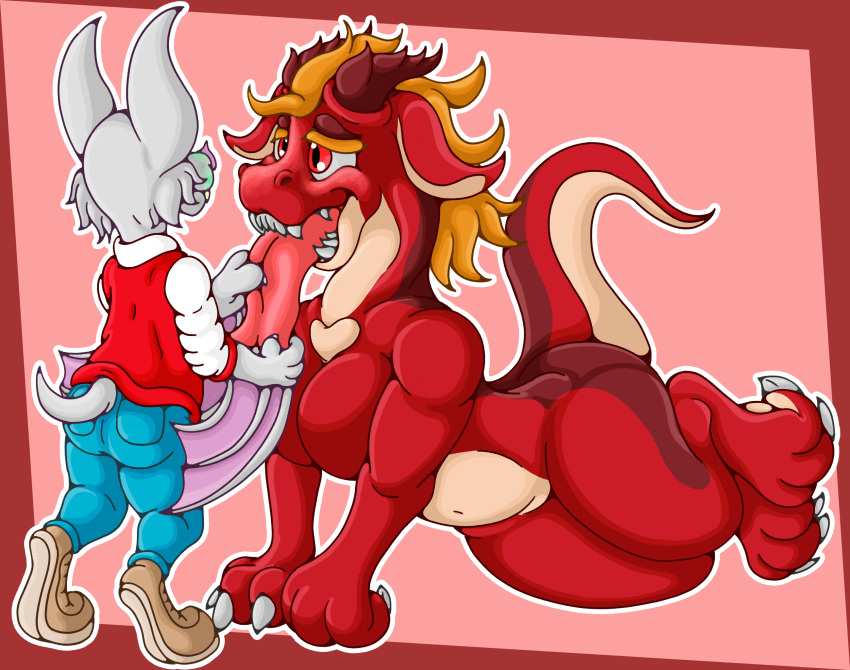 anthro bat blonde_hair bottomwear cafet'zin_(artist) clothing denim denim_bottomwear denim_clothing dragon duo female hair herm hi_res intersex intersex/male jeans larger_female male mammal pants red_body red_eyes red_scales scales size_difference tongue zenith_(zaxalightning)