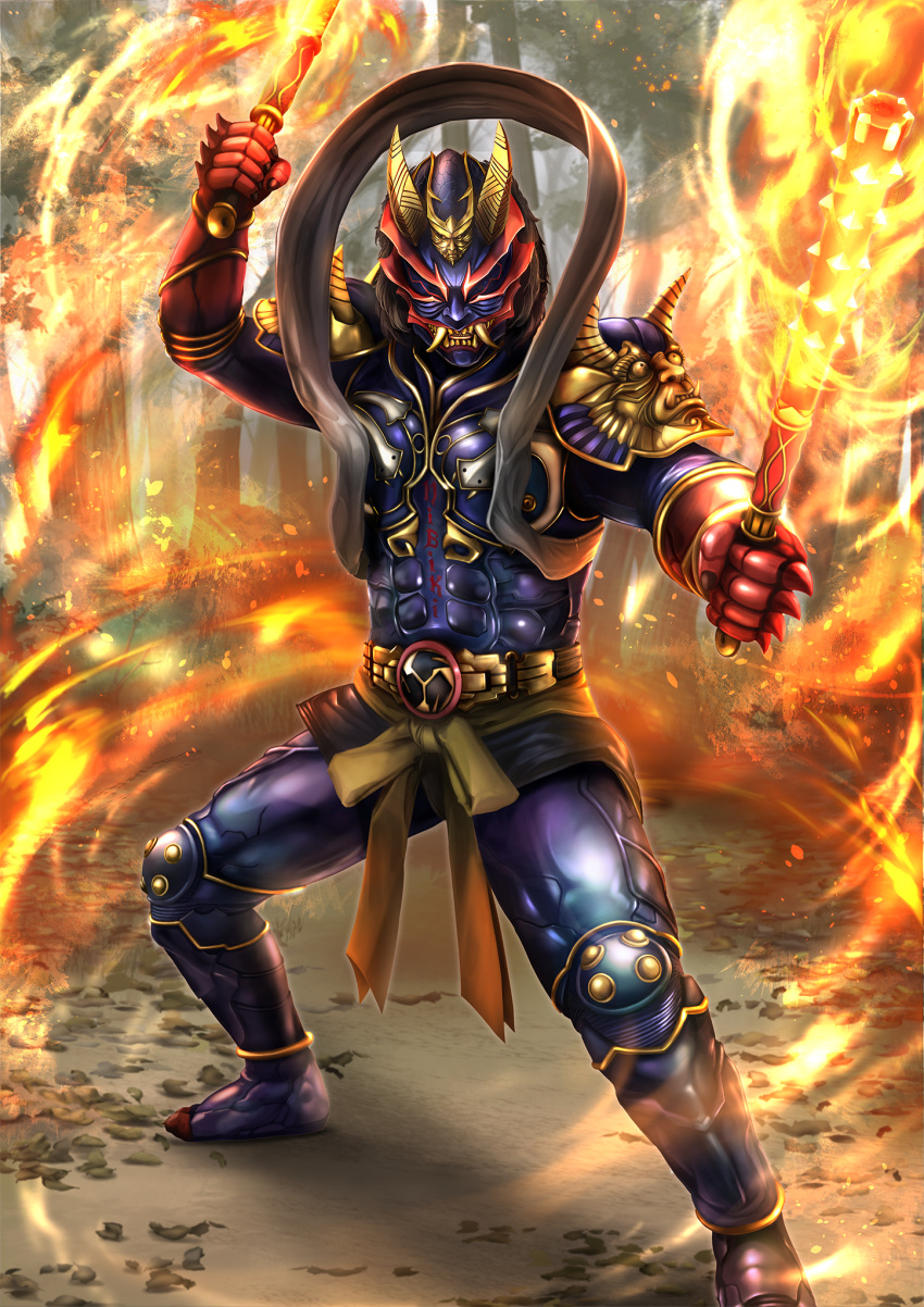 another_hibiki_(zi-o) another_rider_(zi-o) armor bachi black_hair clenched_teeth club_(weapon) creature demon demon_horns dual_wielding evil fangs fire forest gloves gold_horns highres holding horns japanese_clothes kamen_rider kamen_rider_zi-o_(series) karasu820621 looking_at_viewer messy_hair monster nature no_eyes oni oni_horns open_mouth plectrum purple_armor red_gloves red_nails sharp_teeth shoulder_armor spiked_club teeth weapon