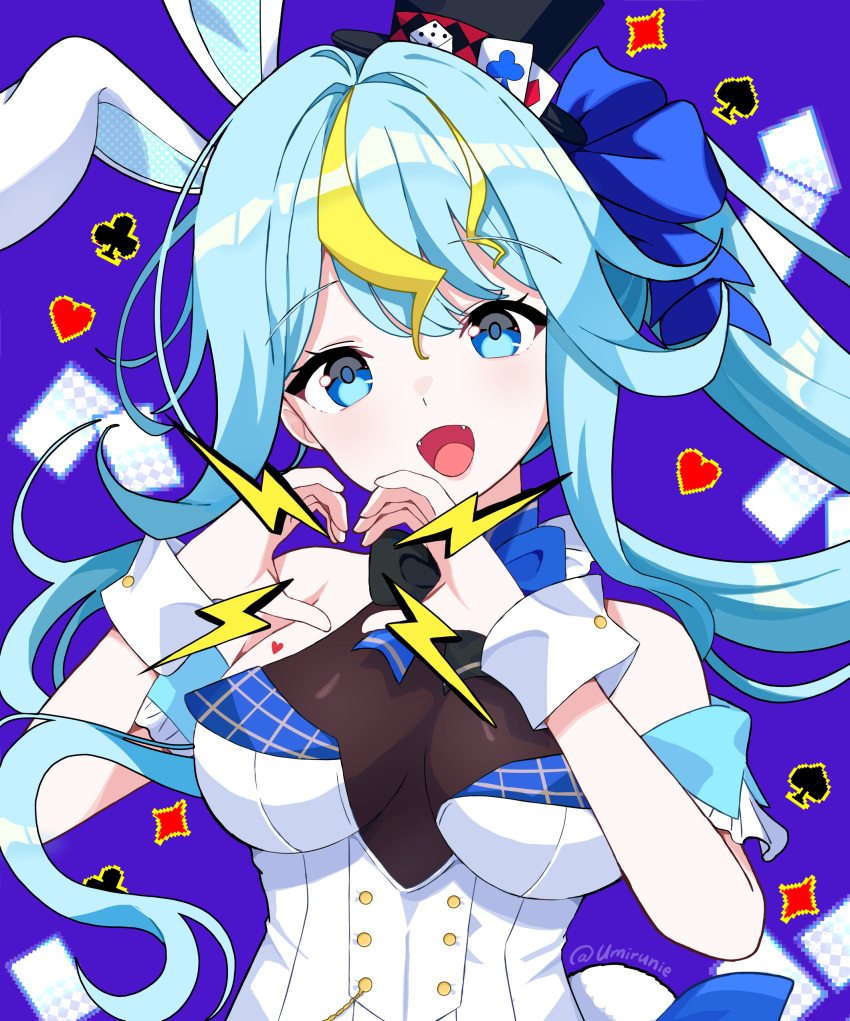 1girl absurdres animal_ears black_bow black_bowtie black_headwear blonde_hair blue_bow blue_bowtie blue_hair bow bowtie breasts card club_(shape) diamond_(shape) dice fangs hat heart heart_hands highres kaminari_clara leotard lightning_bolt_symbol long_hair multicolored_hair open_mouth phase_connect playboy_bunny playing_card rabbit_ears solo spade_(shape) streaked_hair top_hat twitter_username two-tone_bowtie umirunie upper_body virtual_youtuber white_leotard white_wrist_cuffs wrist_cuffs