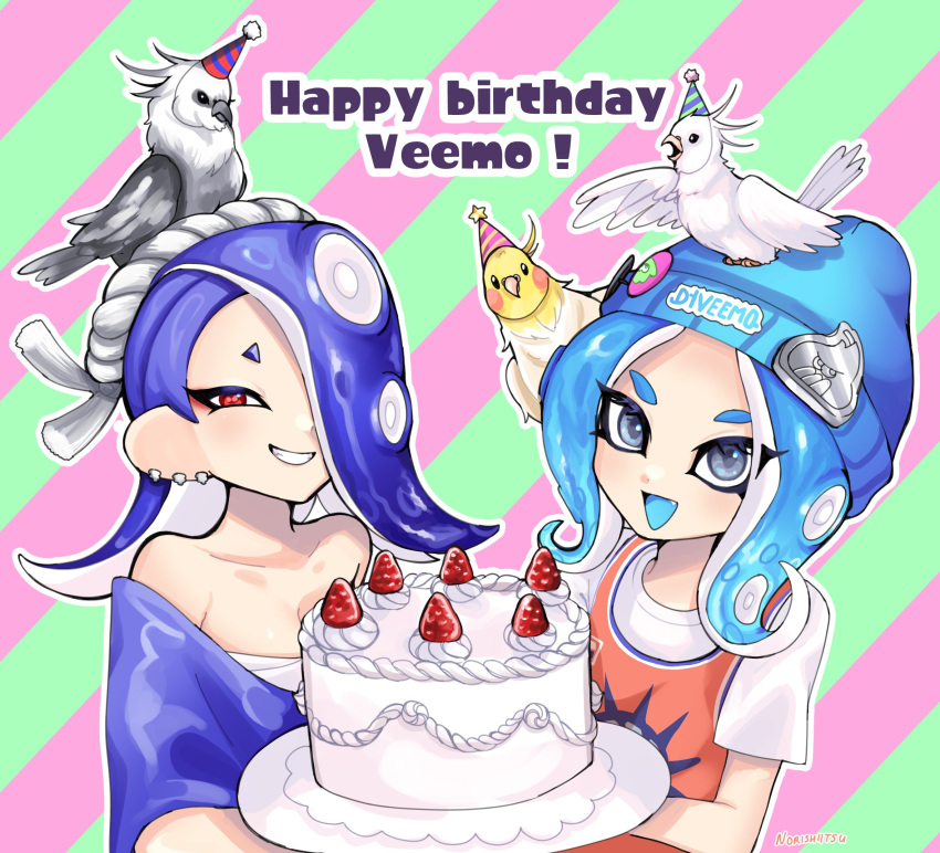 2girls :d animal_on_head bare_shoulders beanie bird bird_on_head blue_headwear blue_shawl breasts cake cephalopod_eyes chest_sarashi collarbone commentary english_commentary eyelashes food green_background grey_eyes hair_over_one_eye happy_birthday hat highres holding holding_plate inkling_girl inkling_player_character jtveemo medium_hair multiple_girls norishiitsu on_head open_mouth parrot party_hat pink_background plate red_eyes sarashi shawl shiver_(splatoon) smile splatoon_(series) splatoon_3 sticker strawberry_cake teeth tentacle_hair thick_eyebrows tooth_earrings two-tone_background upper_body