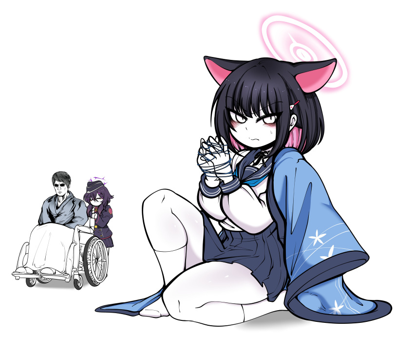 1boy 2girls absurdres angry animal_ears black_hair blanket blue_archive blush bound cat_ears cat_girl closed_eyes grey_hair hair_ornament hairclip halo haruka_(blue_archive) hat highres kikyou_(blue_archive) kiryu_kazuma mature_male multiple_girls name_connection old old_man purple_hair ryuu_ga_gotoku_(series) ryuu_ga_gotoku_8 school_uniform skirt socks sweat tied_up_(nonsexual) uncolorcube wheelchair