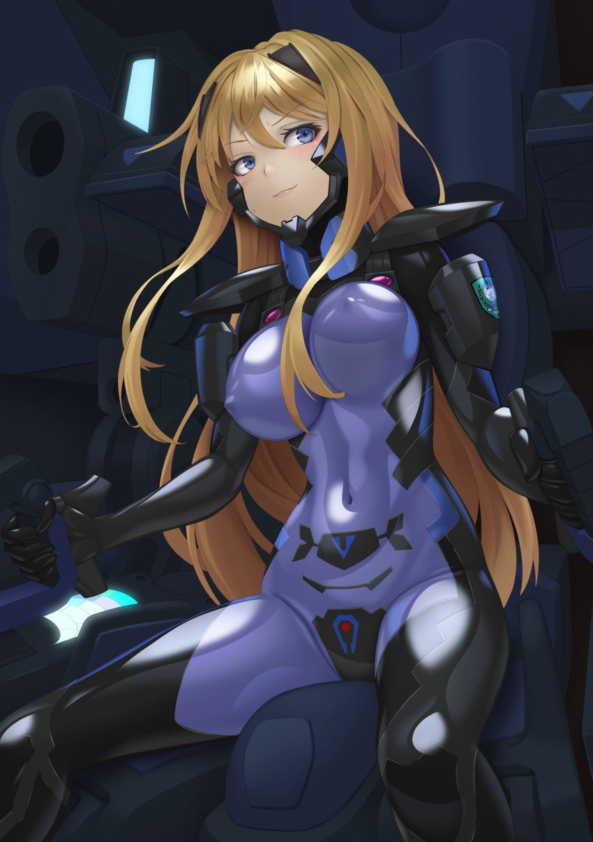 1girl armored_bodysuit baldr_sky black_bodysuit blonde_hair blue_eyes bodysuit breasts cockpit controller covered_navel covered_nipples fortified_suit headgear highres impossible_bodysuit impossible_clothes joystick kirishima_rain kurione_(zassou) large_breasts long_hair muv-luv muv-luv_alternative purple_bodysuit shiny_clothes sitting skin_tight solo two-tone_bodysuit