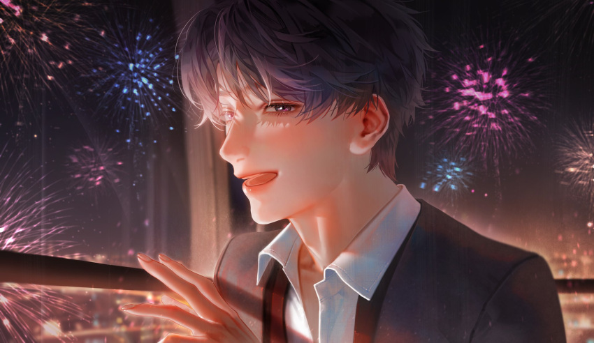 1boy bai_miii_1031 blush ear_blush fireworks formal from_side hand_up highres looking_at_viewer love_and_deepspace male_focus night night_sky purple_eyes purple_hair rafayel_(love_and_deepspace) shadow shirt short_hair sky smile solo suit white_shirt