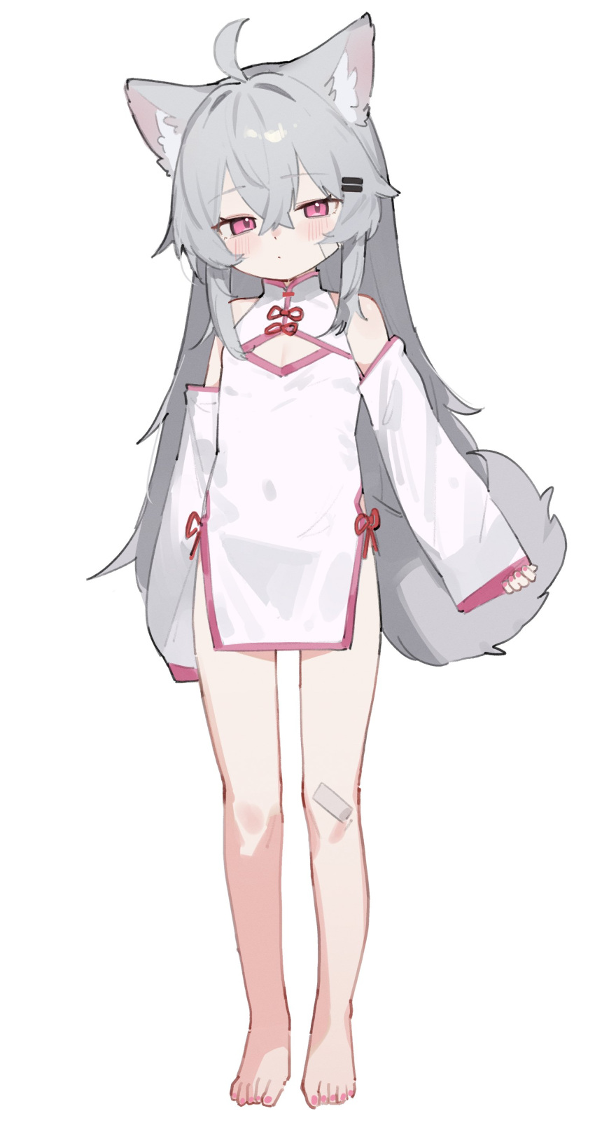 1girl absurdres ahoge animal_ears bandaid bandaid_on_knee bandaid_on_leg bare_shoulders barefoot blush china_dress chinese_clothes detached_sleeves dress expressionless fenrir_(fenriluuu) flat_chest full_body grey_hair highres long_hair looking_at_viewer original pink_eyes rir-chan simple_background solo tail white_background white_dress wolf_ears wolf_girl wolf_tail