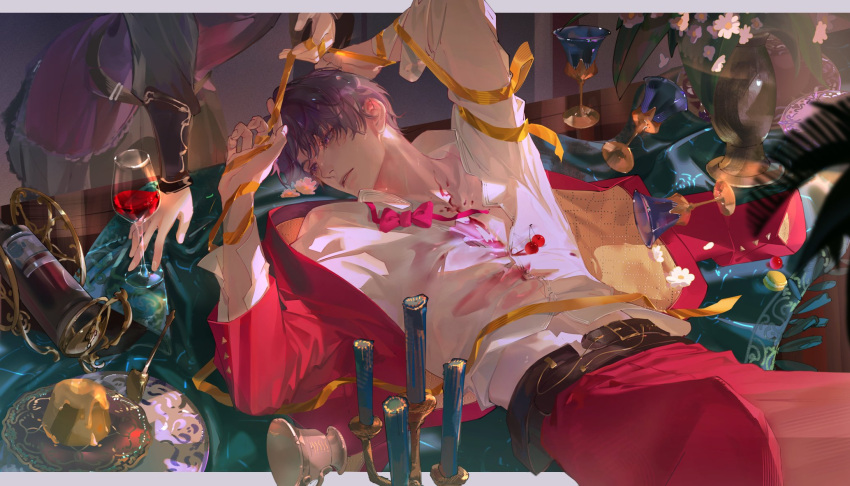 1boy 1other belt bishounen border bow bowtie candle candlestand cherry cup drinking_glass flower food formal fruit head_tilt highres indoors jacket lanfsir_(artist) leaf long_sleeves love_and_deepspace lying macaron male_focus on_back on_table open_clothes pants party plate purple_hair rafayel_(love_and_deepspace) red_jacket red_pants ribbon shirt short_hair solo_focus stain suit table vase white_border white_shirt wine_glass