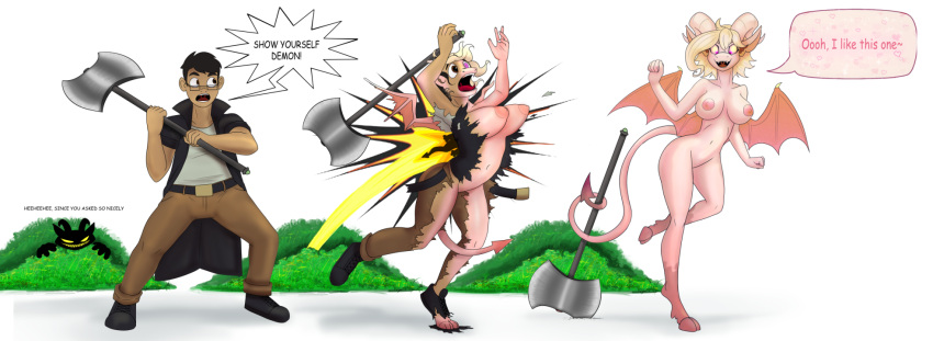 anthro axe battle_axe big_breasts black_hair blonde_hair breast_growth breasts brown_eyes clothed clothing colored deiser demon dialogue duo english_text fangs_bared female gender_transformation growth hair hair_growth hi_res hiding hooves horn horn_growth human male mammal mtf_transformation nipples nude partially_clothed pink_body plant possession purple_eyes searching sequence shrub snickerlewdles species_transformation speech_bubble surprised_expression tail tail_growth text thick_thighs torn_clothing transformation wing_growth wings