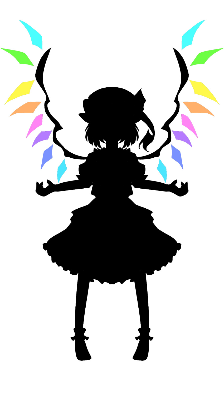 1girl bobby_socks debiru_takako flandre_scarlet full_body hat highres medium_hair mob_cap multicolored_wings one_side_up puffy_short_sleeves puffy_sleeves shirt short_sleeves silhouette skirt socks solo touhou vest wings