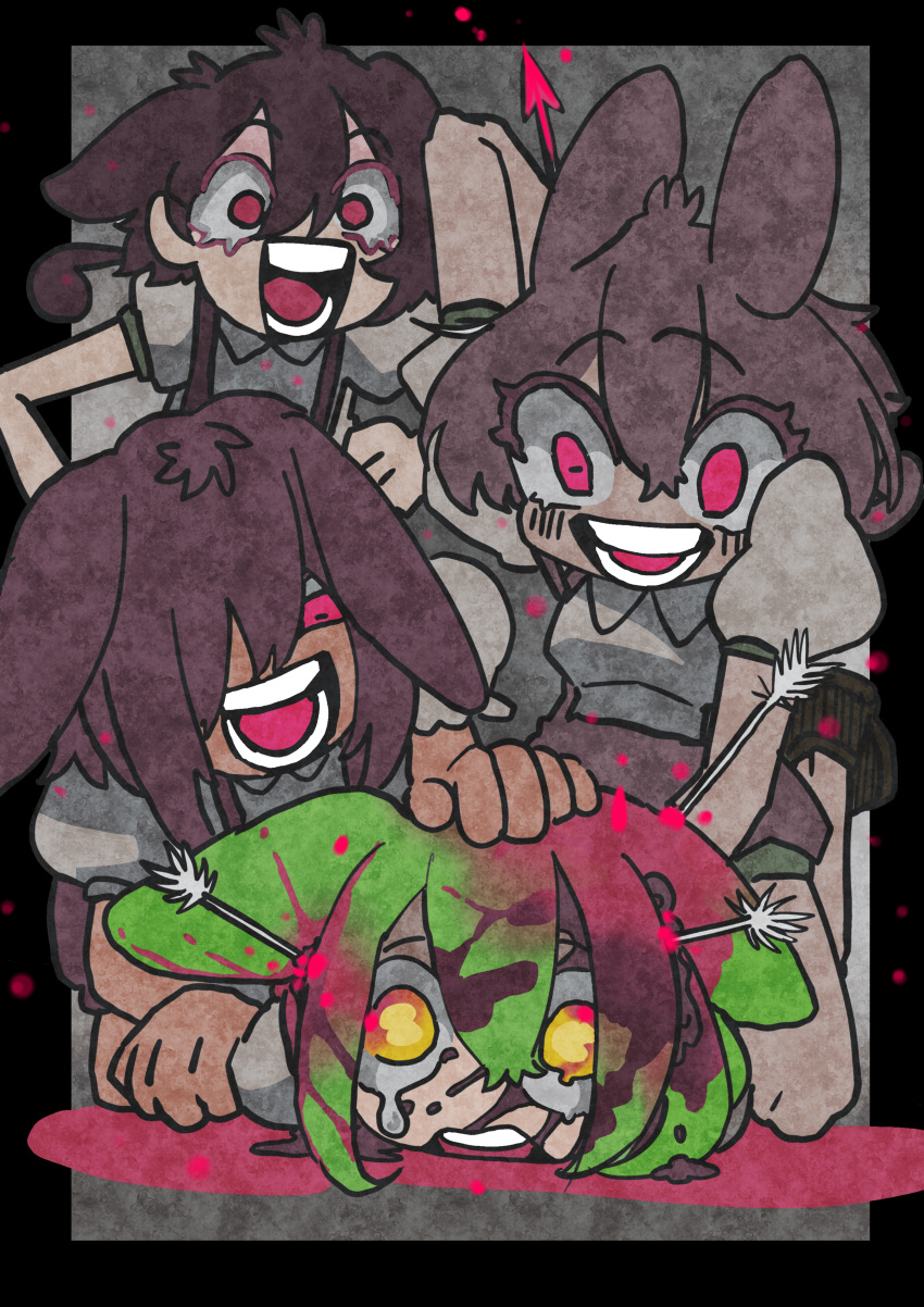 4girls absurdres ankomon arm_up arrow_(projectile) arrow_in_body attack black_border bleeding blood blood_in_hair blush border clone collared_shirt commentary_request crazy crying crying_with_eyes_open dual_persona gradient_eyes gradient_hair green_hair grey_background hair_over_one_eye held_down highres holding holding_arrow injury long_hair looking_at_another looking_at_viewer low_ponytail lying multicolored_eyes multicolored_hair multiple_girls on_stomach open_mouth outside_border pink_eyes pool_of_blood puchu puffy_short_sleeves puffy_sleeves raised_eyebrows red_hair restrained running scared shirt short_shorts short_sleeves shorts sitting sitting_on_person smile suspender_shorts suspenders tears voicevox white_shirt wide-eyed yellow_eyes zundamon