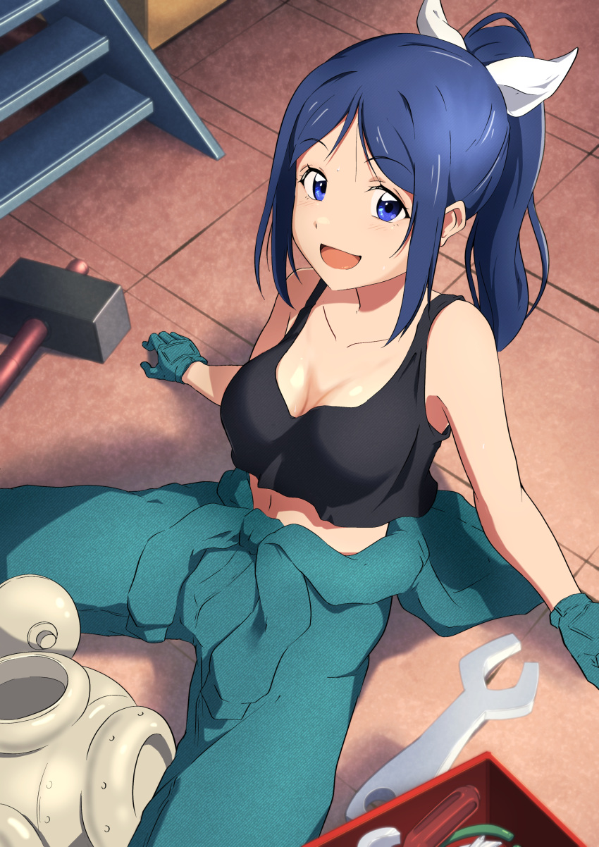 1girl absurdres birthday blue_eyes blue_hair breasts cleavage collarbone commentary genjitsu_no_yohane gloves green_gloves hammer highres jumpsuit long_hair love_live! love_live!_sunshine!! matsuura_kanan mechanic medium_breasts pliers screwdriver sidelocks sitting smile solo toolbox wrench zasshoku_ojisan