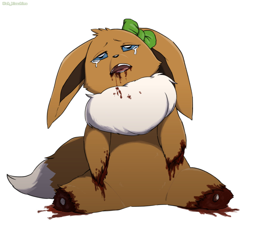 ambiguous_gender black_nose blood blood_from_wound blood_in_mouth blood_on_face blood_splatter blue_eyes bodily_fluids bow_ribbon broken_teeth brown_body brown_fur eevee feral fur generation_1_pokemon gore hi_res hisashino missing_all_arms missing_all_legs missing_arm missing_leg missing_limbs neck_tuft nintendo open_mouth pain pokemon pokemon_(species) sad simple_background solo tears tears_of_pain teeth tongue torture tuft white_background white_body white_fur wounded