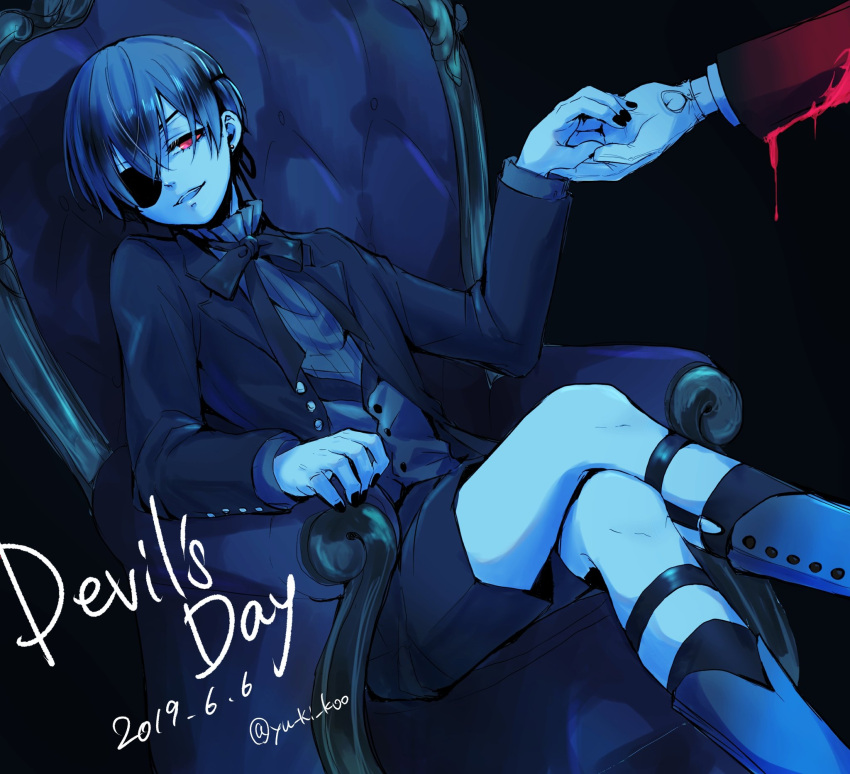 2019 2boys artist_name bishounen black_background black_jacket black_nails black_ribbon black_shorts blood blood_drip blue_hair blue_theme chair ciel_phantomhive crossed_legs dated earrings evil_smile eyepatch glowing glowing_eyes hair_between_eyes highres holding_hands jacket jewelry kodona kuroshitsuji lolita_fashion looking_at_another male_focus multiple_boys open_clothes open_jacket red_eyes ribbon sebastian_michaelis shirt short_hair shorts simple_background sitting smile solo_focus twitter_username victorian white_shirt yu_ki_koo