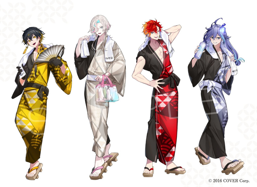 4boys :d ;d alternate_costume antenna_hair aqua_eyes aqua_hair bag black_gloves black_hair black_kimono black_sash blonde_hair blue_eyes bottle collarbone copyright_notice cosmetics crossed_bangs drying drying_hair earrings folding_fan full_body geta gloves grey_kimono grin hair_between_eyes hair_over_one_eye hand_fan hand_on_own_hip hitodama hizaki_gamma holding holding_bag holding_bottle holding_fan holostars japanese_clothes jewelry kimono long_hair long_sleeves looking_at_viewer low-tied_long_hair male_focus medium_hair minase_rio mismatched_earrings multicolored_hair multiple_boys nonomaro official_art one_eye_closed orange_hair pectoral_cleavage pectorals pink_hair purple_hair purple_kimono red_hair red_kimono sample_watermark sash seigaiha shippou_(pattern) short_hair sleeves_rolled_up smile standing streaked_hair tassel toned toned_male towel towel_around_neck towel_on_one_shoulder transparent_bag triangle_print two-tone_hair two-tone_kimono uproar_(holostars) utsugi_uyu virtual_youtuber water_bottle watermark white_background white_eyes white_hair white_sash yatogami_fuma yellow_eyes yellow_kimono yukata