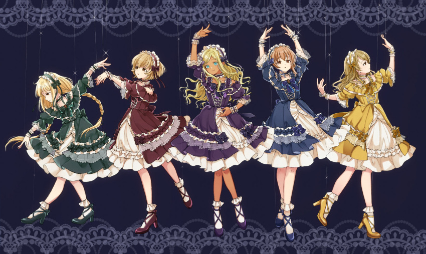 5girls arms_up bintaptyo blonde_hair blue_dress blue_eyes bobby_socks braid brown_eyes dark-skinned_female dark_skin dress frilled_dress frills full_body futaba_anzu green_dress high_heels highres idolmaster idolmaster_cinderella_girls kita_hinako koga_koharu layla_(idolmaster) light_brown_hair long_hair morikubo_nono multiple_girls purple_dress short_hair socks twin_braids wrist_cuffs yellow_dress