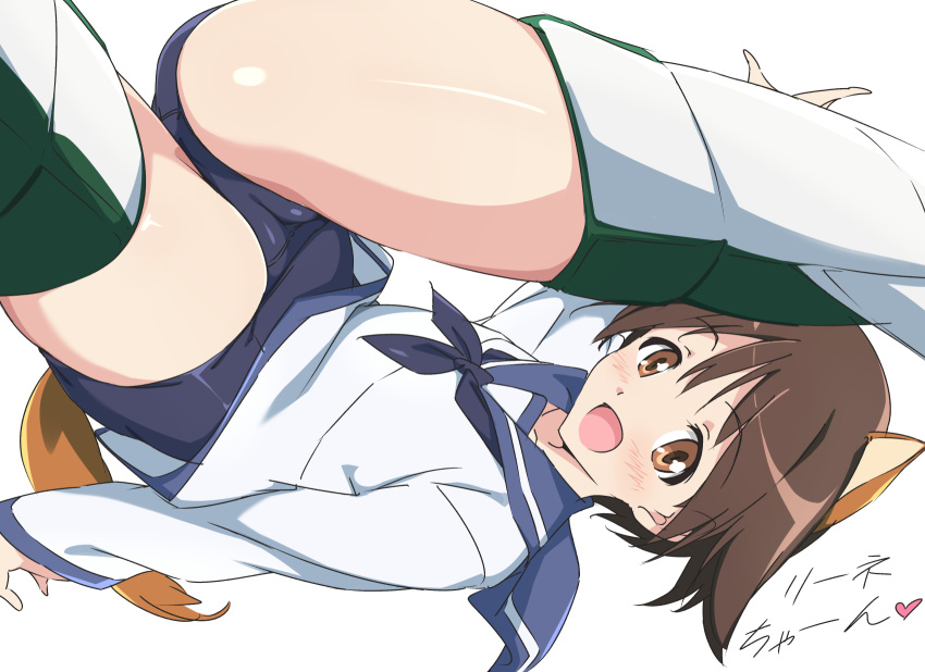 1girl animal_ears blue_one-piece_swimsuit blush brown_eyes brown_hair cameltoe crotch dog_ears dog_tail dress highres looking_at_viewer military_uniform miyafuji_yoshika one-piece_swimsuit open_mouth sailor_dress short_hair simple_background smile solo strike_witches striker_unit swimsuit tail umanosuke uniform white_background world_witches_series
