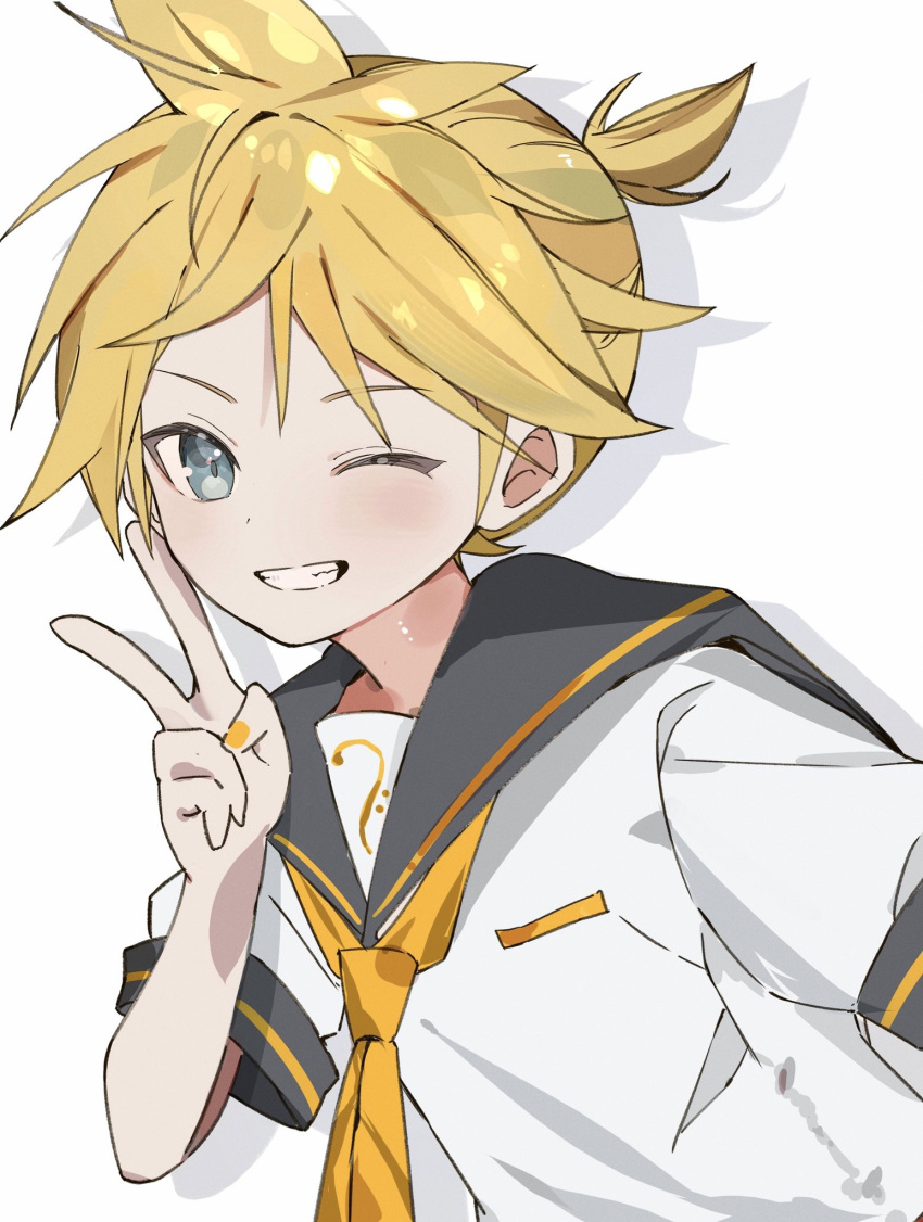 1boy bishounen blue_eyesblonde_hair geometry682 grey_sailor_collar highres kagamine_len looking_at_viewer male_focus messy_hair neckerchief one_eye_closed sailor_collar shadow shirt short_hair short_ponytail short_sleeves simple_background smile v vocaloid white_background white_shirt yellow_nails yellow_neckerchief