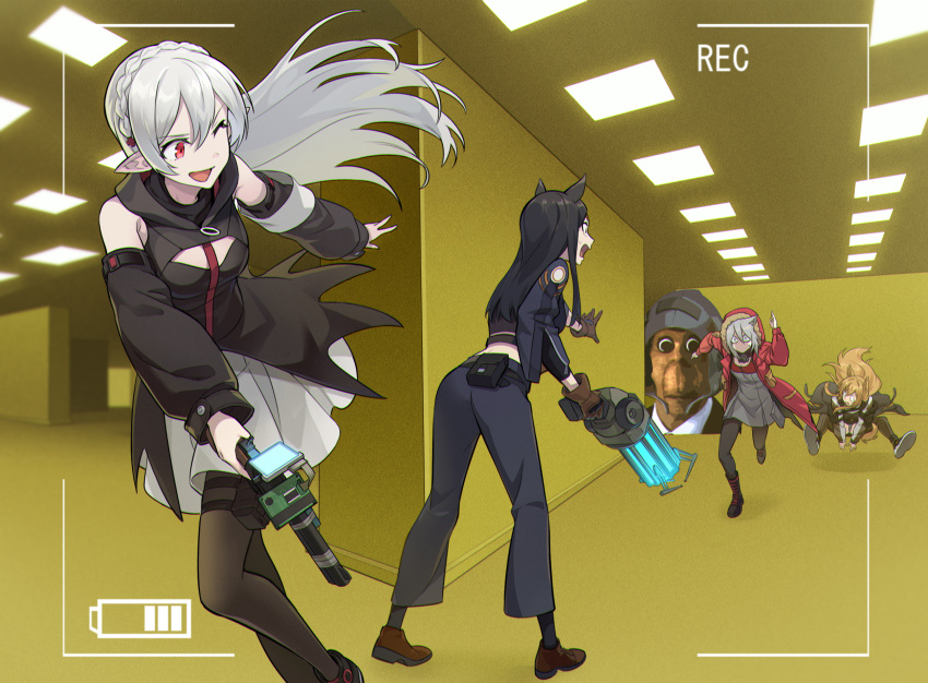 1other 4girls animal_ears arknights backrooms_(creepypasta) barack_obama black_hair braid ceobe_(arknights) commentary commentary_request crown_braid dobermann_(arknights) dog_ears dog_girl ears_through_headwear garry's_mod gravity_gun grey_hair gun highres holding holding_gun holding_weapon hood hood_up hooded_jacket jacket liang_chan_xing_make_tu long_hair meme multiple_girls nextbots obunga_(meme) orange_jacket pale_skin pantyhose partial_commentary pleated_skirt pointy_ears projekt_red_(arknights) running shirt skirt sleeveless sleeveless_shirt vampire viewfinder warfarin_(arknights) weapon white_hair white_skirt wolf_ears wolf_girl