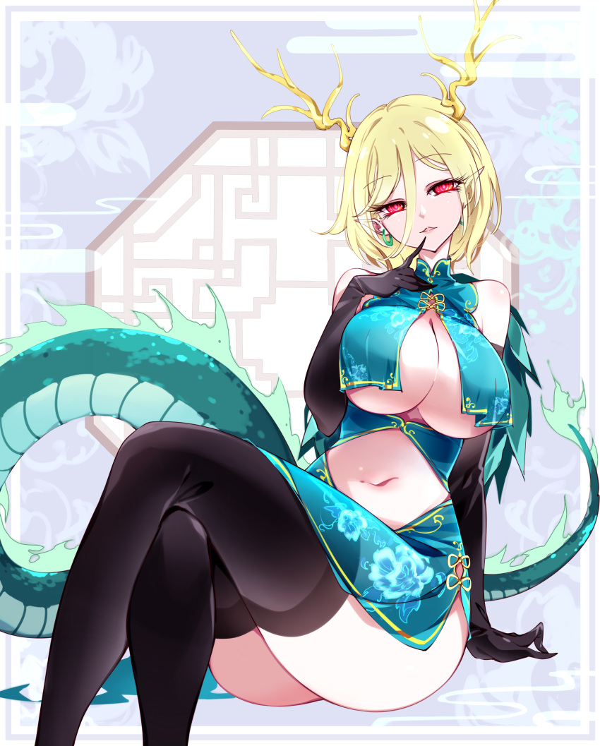 1girl absurdres alternate_costume ass black_gloves black_thighhighs blonde_hair breasts chinese_clothes cleavage dragon_horns dragon_tail earrings elbow_gloves feet_out_of_frame gloves highres horns jewelry kicchou_yachie large_breasts lattice looking_at_viewer navel open_mouth pointy_ears raptor7 red_eyes short_hair solo tail thighhighs touhou turtle_shell yellow_horns