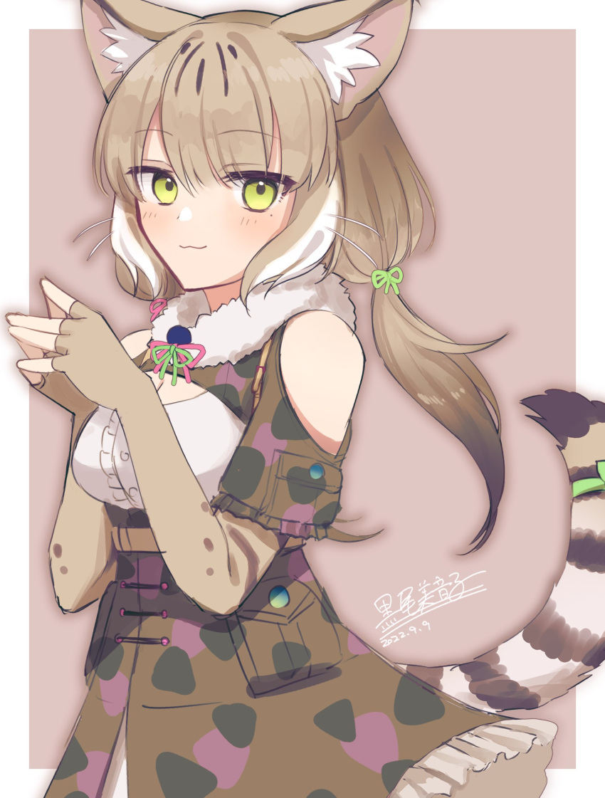 1girl animal_ears animal_print bare_shoulders blonde_hair blush bow brown_hair cat_ears cat_girl cat_print cat_tail center_frills elbow_gloves fingerless_gloves frilled_skirt frills gloves green_bow green_eyes hair_bow high-waist_skirt highres jungle_cat_(kemono_friends) kemono_friends kemono_friends_v_project long_hair looking_at_viewer mitorizu_02 multicolored_hair print_gloves print_skirt shirt short_sleeves sidelocks skirt solo tail tail_bow tail_ornament twintails upper_body white_shirt