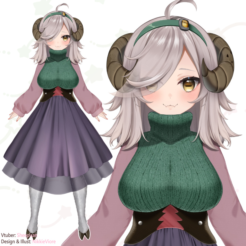 1girl ahoge animal_legs artist_name belt breasts character_name commission eyes_visible_through_hair fangs full_body green_hairband green_sweater grey_hair hair_over_one_eye hairband high_belt highres hooves horizontal_pupils horns indie_virtual_youtuber large_breasts long_hair lyla_sheepi nikkie_viore pink_nails pink_sleeves purple_skirt sheep_girl sheep_horns skin_fangs skirt solo sweater turtleneck turtleneck_sweater virtual_youtuber yellow_eyes