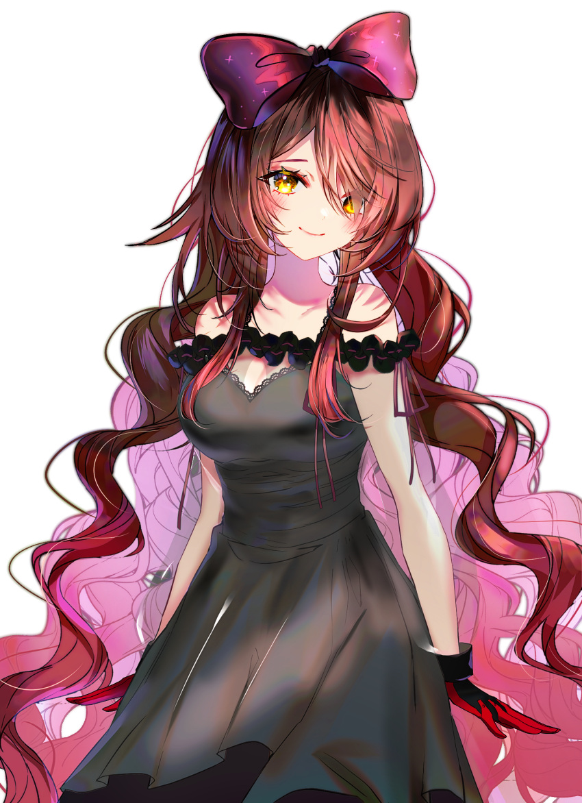 1girl alternate_costume black_dress black_gloves bow breasts brown_hair cleavage colored_inner_hair dress gloves hair_bow highres hololive long_hair looking_at_viewer medium_breasts multicolored_hair pink_bow pink_hair red_gloves roboco-san sleeveless sleeveless_dress smile solo sowon transparent_background two-sided_gloves very_long_hair virtual_youtuber yellow_eyes