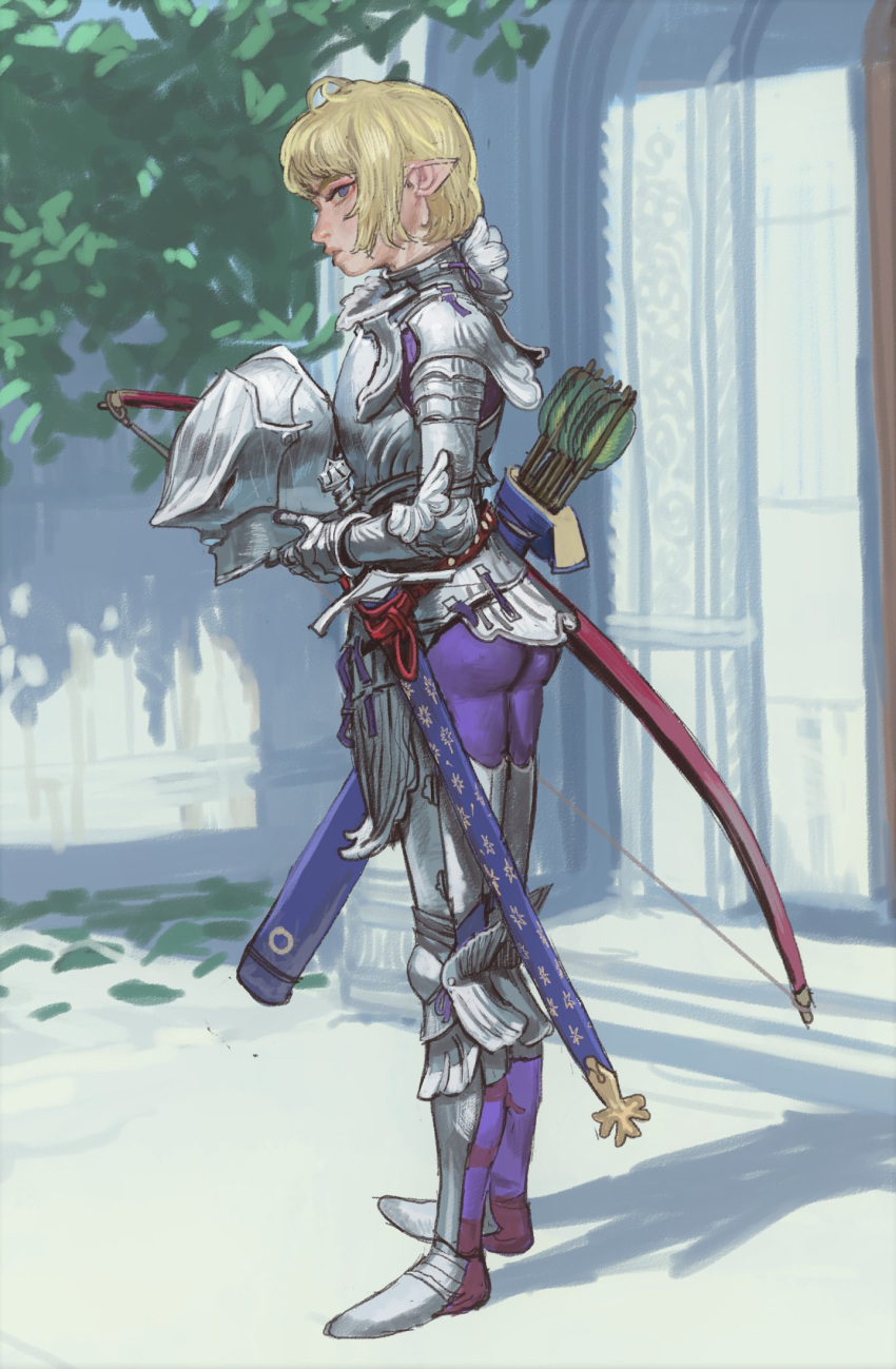 androgynous armor ass blue_eyes bow bow_(weapon) breastplate helmet highres holding holding_helmet knight leaf looking_at_viewer mossacannibalis original pants parted_lips pointy_ears purple_pants quiver short_hair solo sword tree weapon