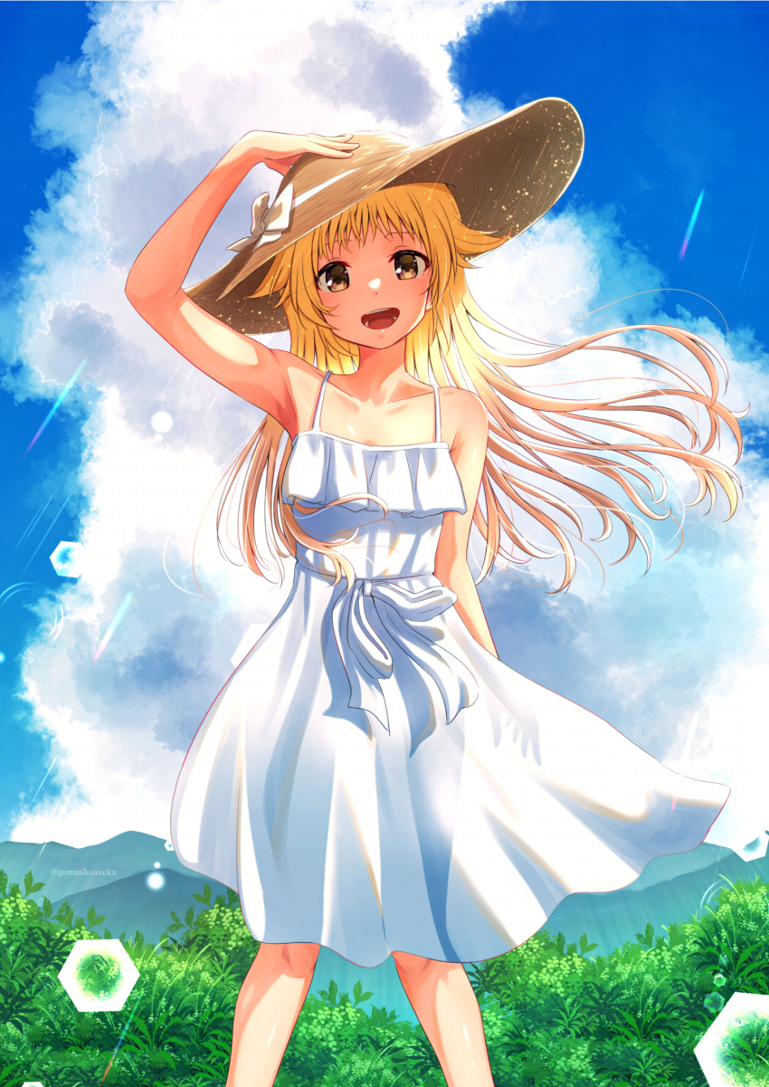 1girl :d blonde_hair blue_sky brown_eyes cloud day dress gomasho_asuka hand_on_headwear hand_up hat highres lens_flare long_hair looking_at_viewer original outdoors sky smile solo standing straw_hat sun_hat white_dress wind